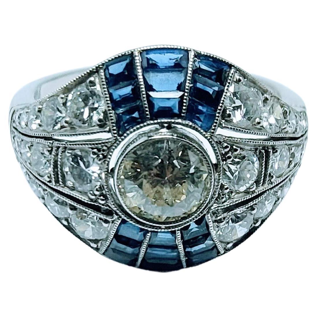 Vintage Art Deco 1930s Ring Brilliant Cut Diamond 0.65 Cts and Sapphire Platinum In Good Condition For Sale In Valencia, Comunidad Valenciana