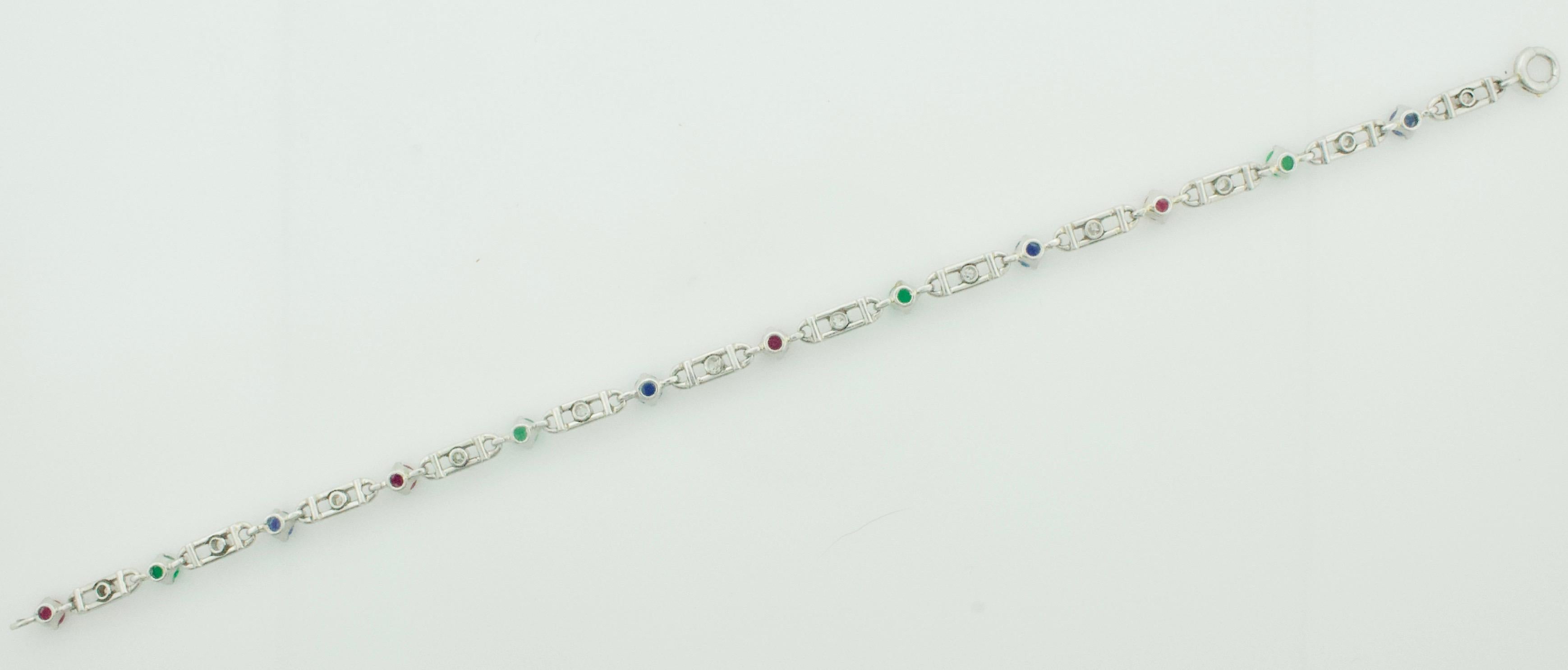 Art Deco 1930's Ruby, Emerald, Sapphire and Diamond Bracelet in Platinum In Good Condition In Wailea, HI