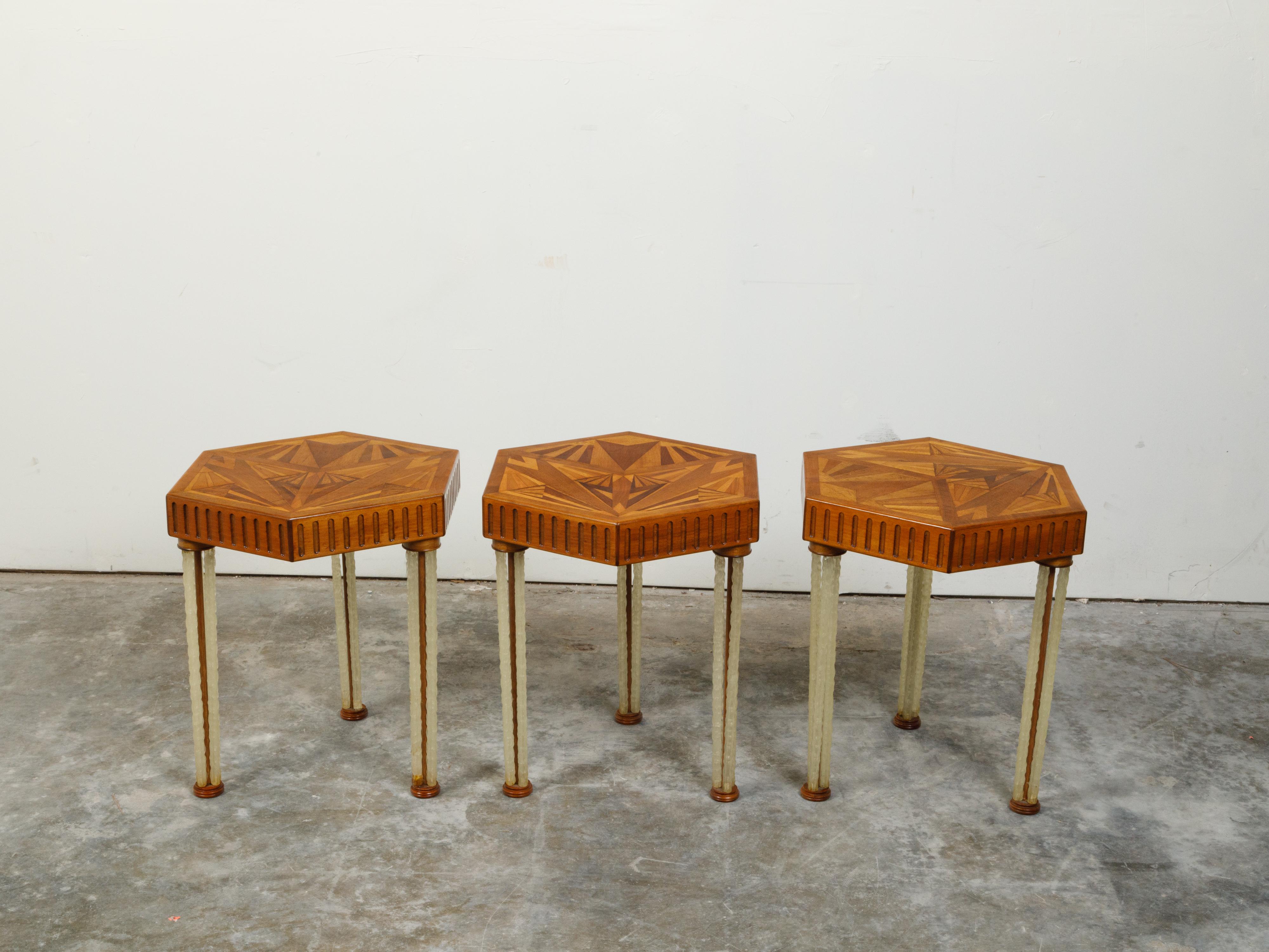 20th Century Art Deco 1930s Side Tables with Hexagonal Marquetry Tops and Lucite Legs For Sale