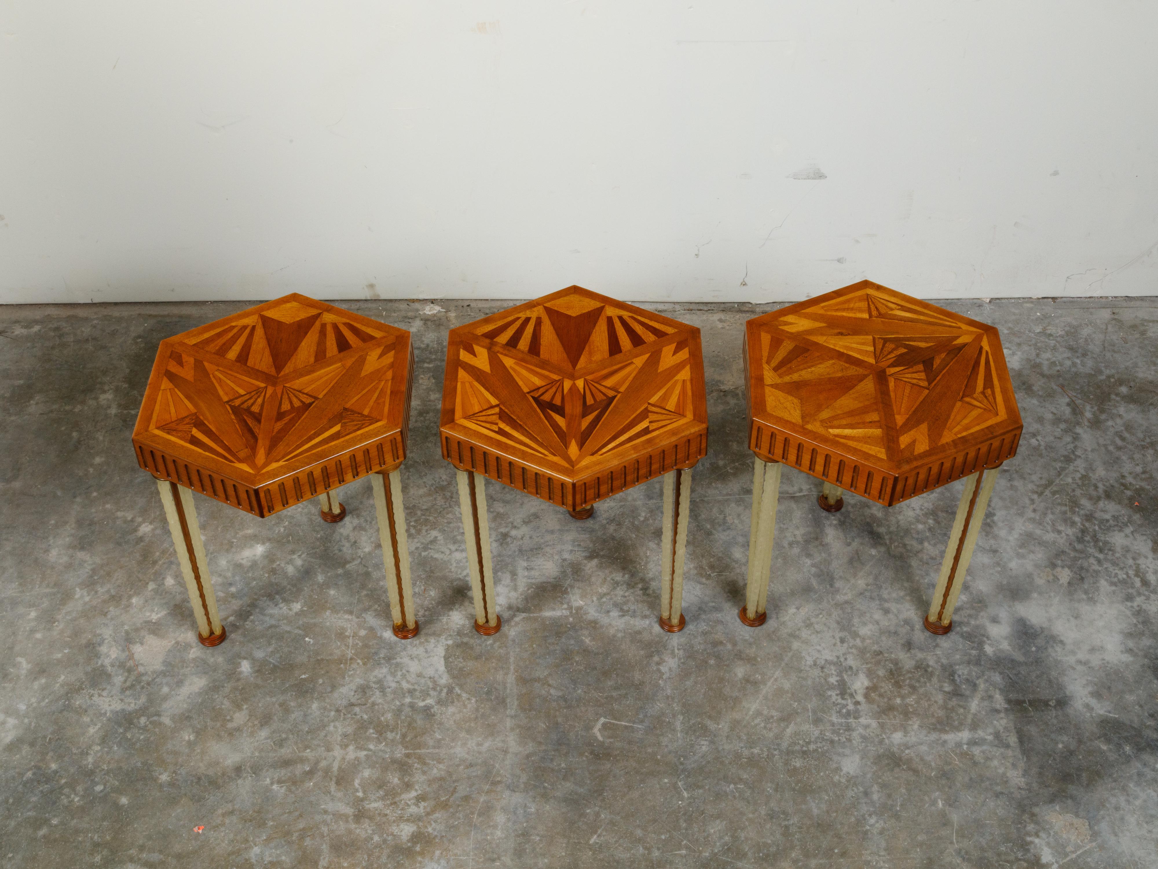 Alabaster Art Deco 1930s Side Tables with Hexagonal Marquetry Tops and Lucite Legs For Sale