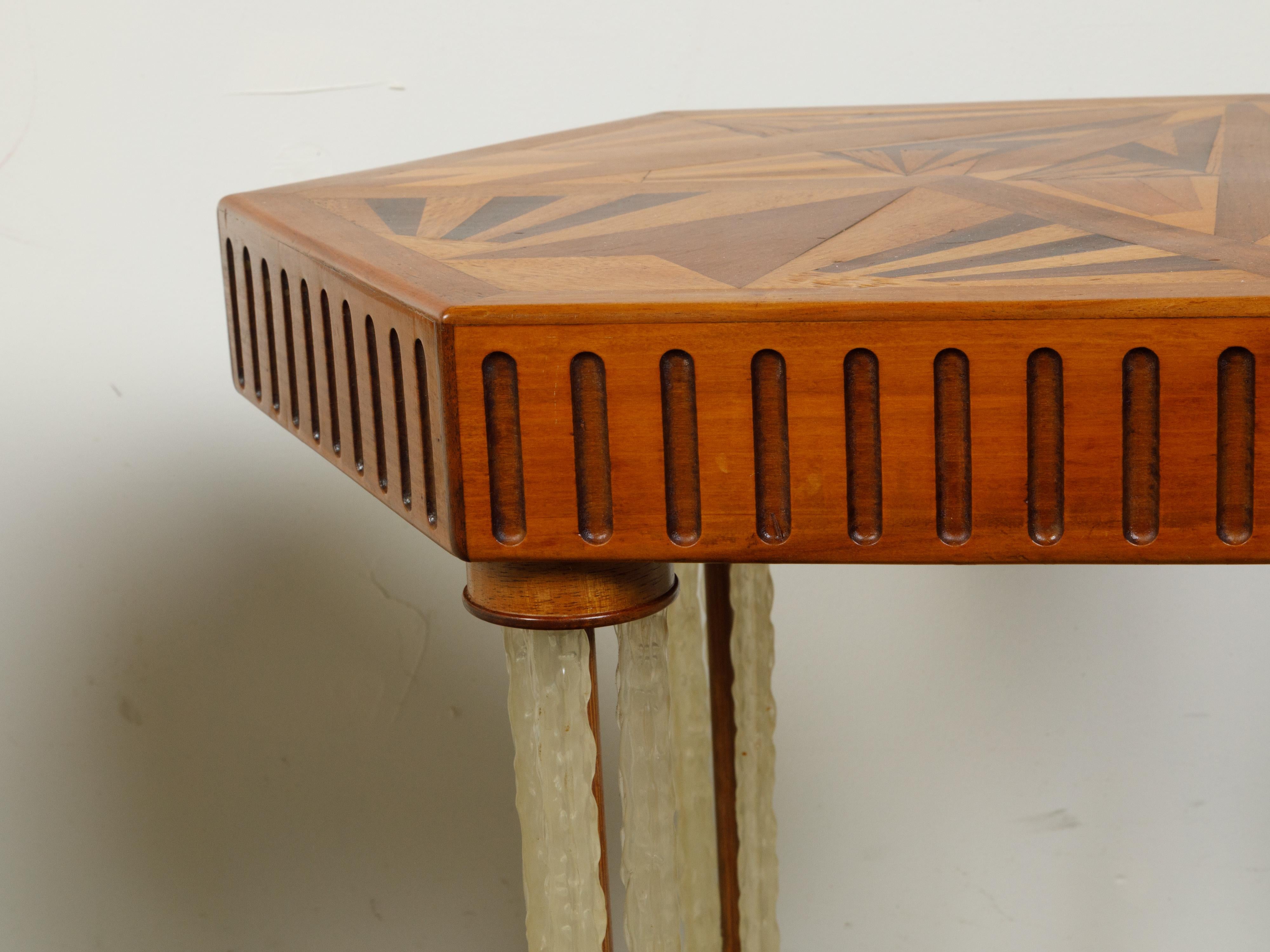 Art Deco 1930s Side Tables with Hexagonal Marquetry Tops and Lucite Legs For Sale 1
