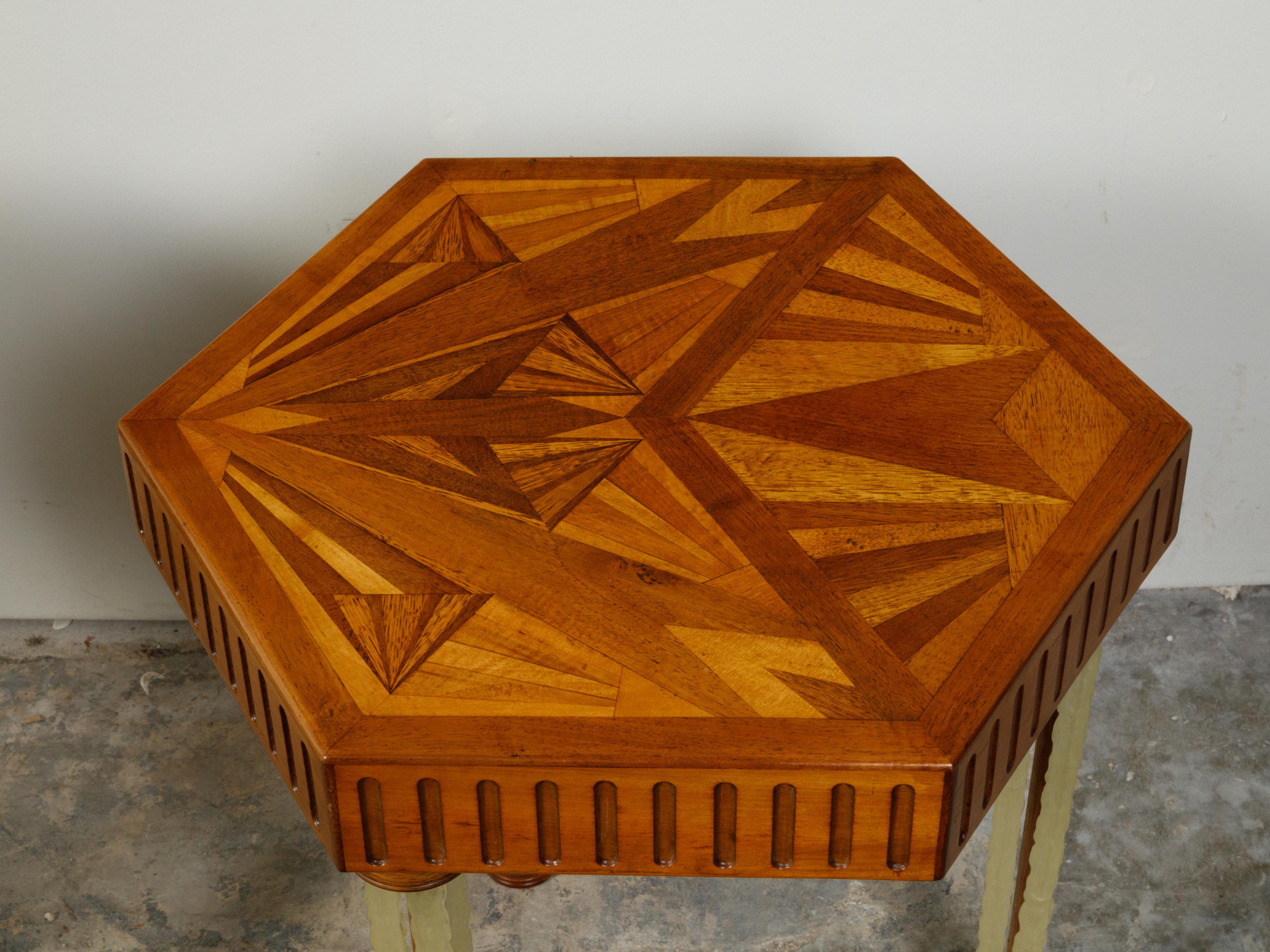 Art Deco 1930s Side Tables with Hexagonal Marquetry Tops and Lucite Legs For Sale 4