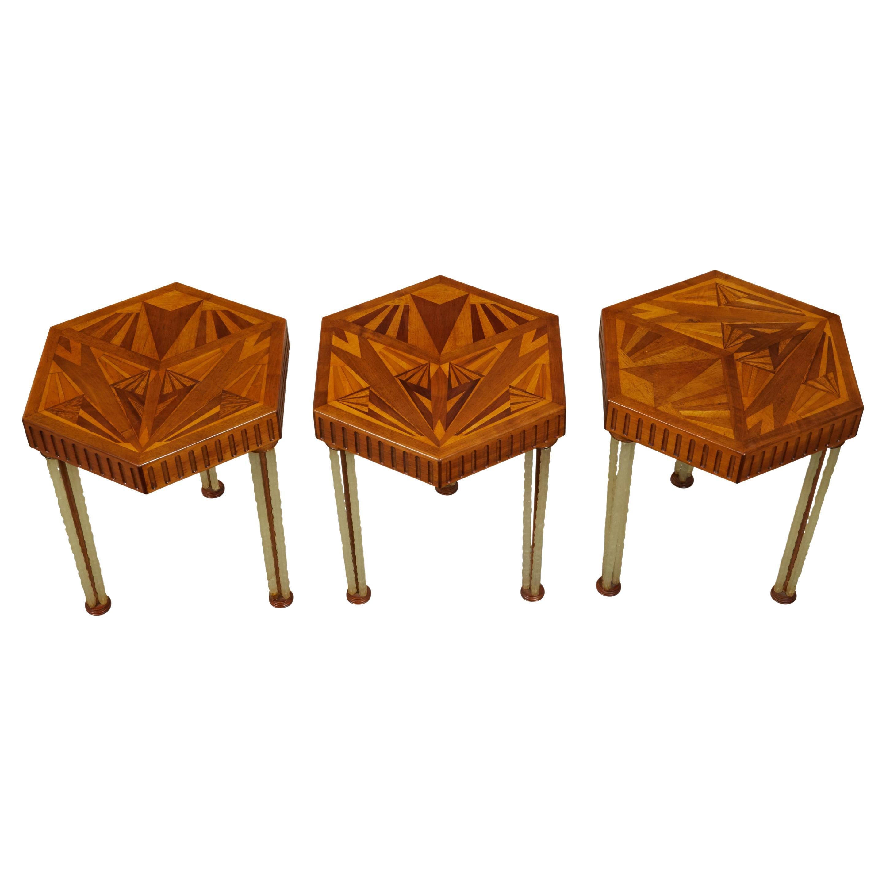 Art Deco 1930s Side Tables with Hexagonal Marquetry Tops and Lucite Legs For Sale