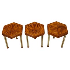 Retro Art Deco 1930s Side Tables with Hexagonal Marquetry Tops and Lucite Legs