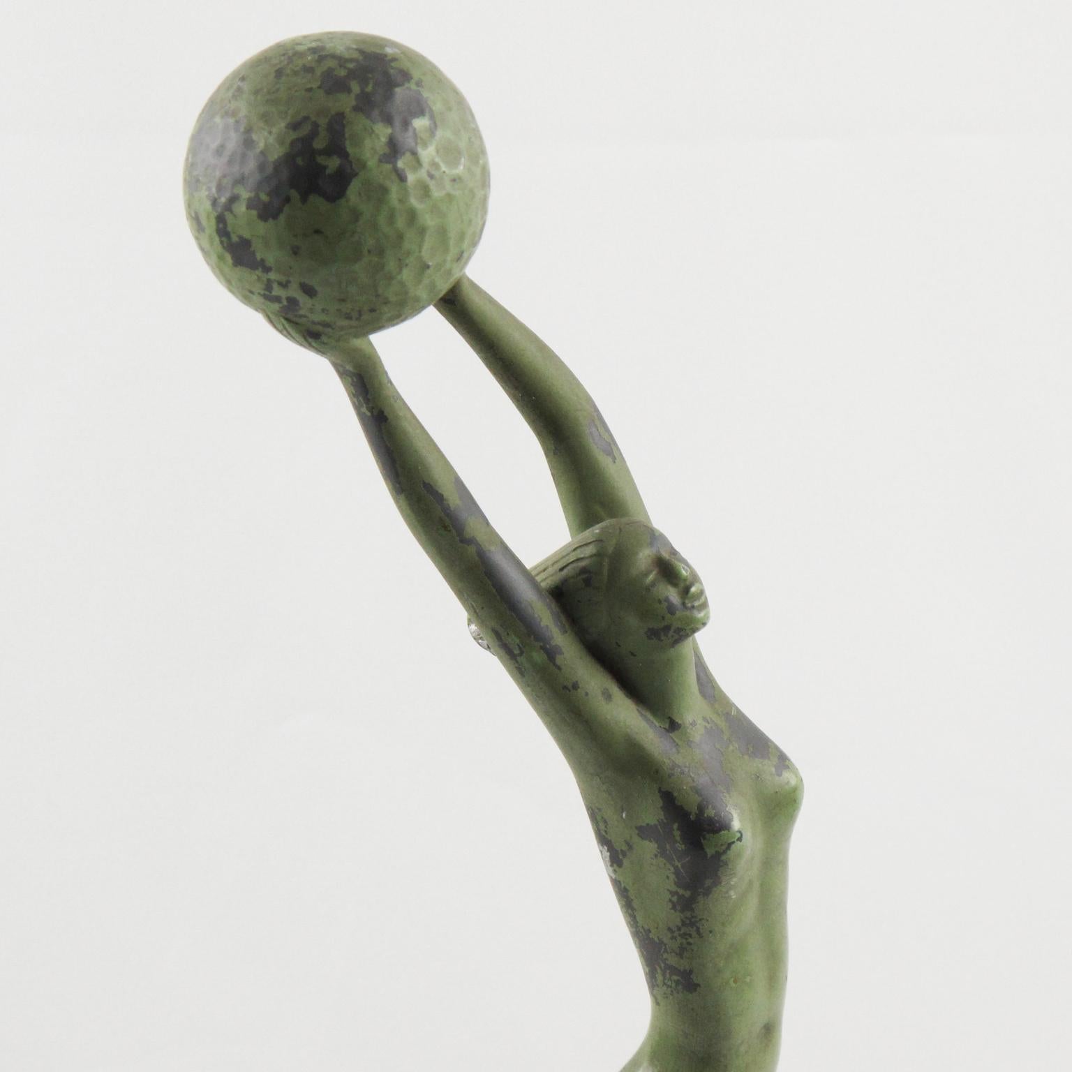 Art Deco Metal Statuette Figurine Sculpture Woman with Golf Ball In Good Condition In Atlanta, GA