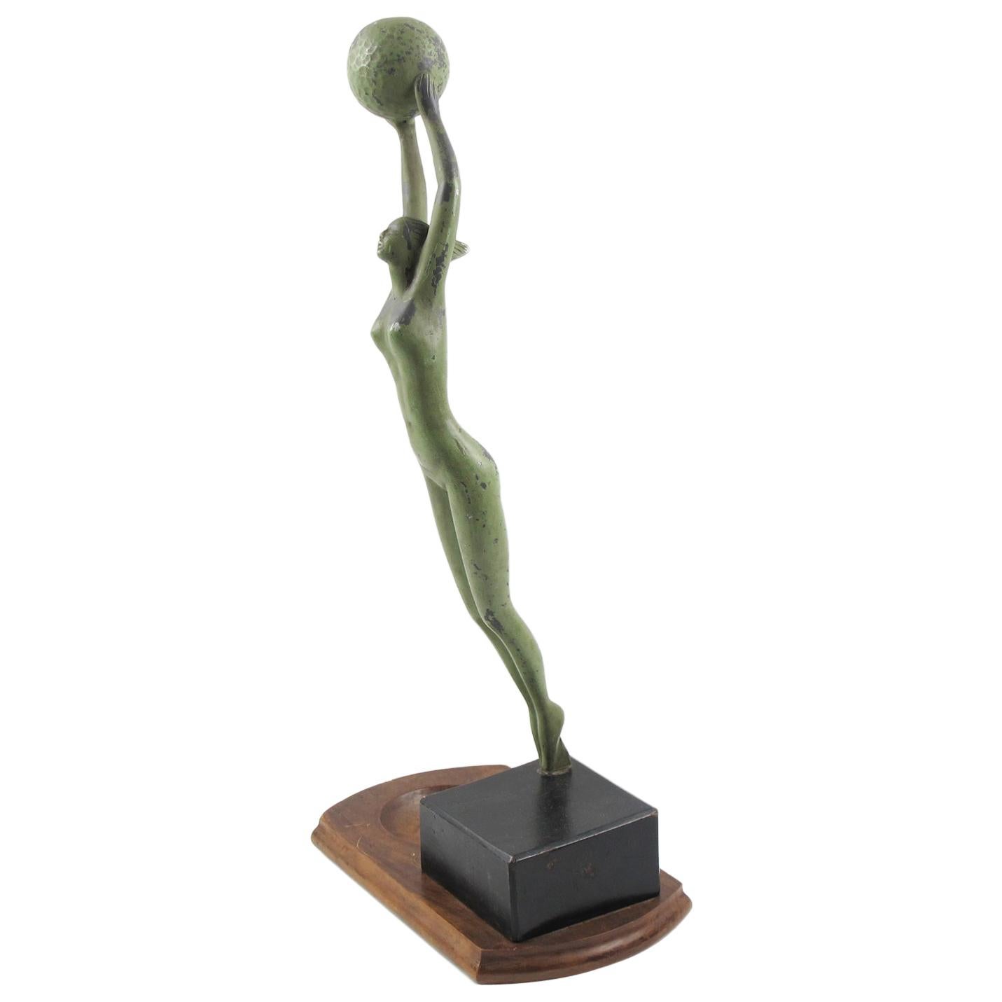 Art Deco Metal Statuette Figurine Sculpture Woman with Golf Ball
