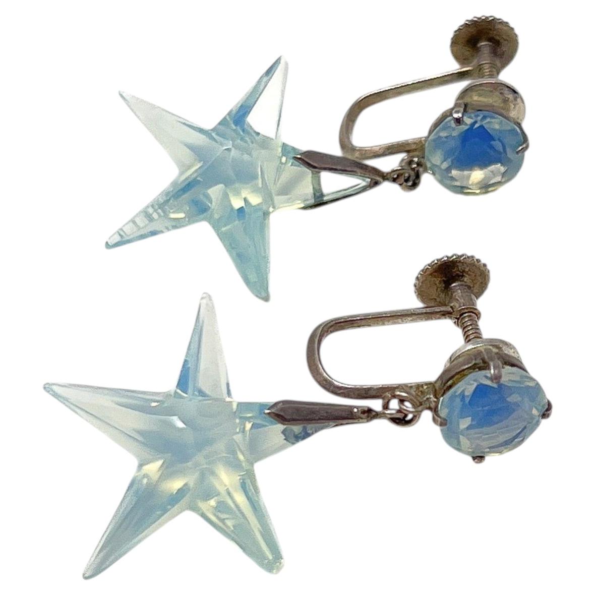 Pendientes vintage de estilo Art Déco de los años 30, con plata y cristal opalino, con forma de estrella