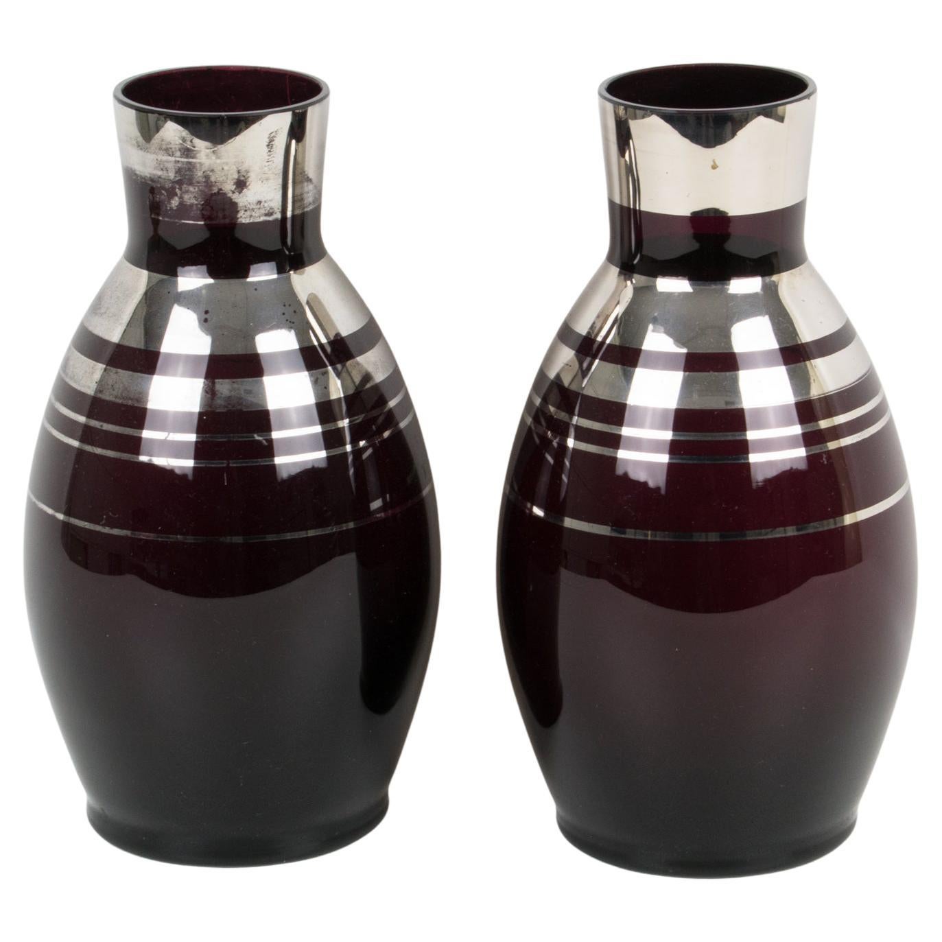 Fains Art Deco Silver Overlay Black Opaline Glass Vase, a pair, 1930s