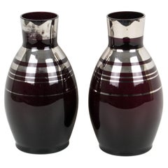 Art Deco 1930s Silver Overlay Black Glass Vase by Fains, a pair