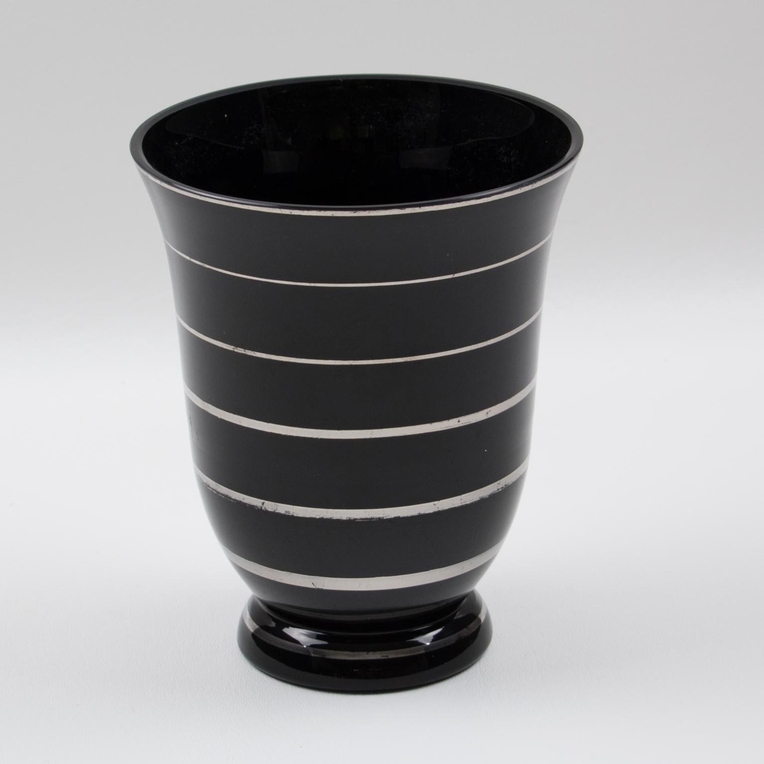 A nicely decorated 1930s French Art Deco black glass vase. Silver deposit decoration all round with striped pattern. Marked 