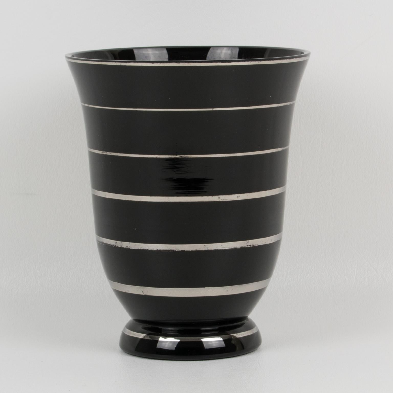 Art Deco 1930s Silver Overlay Black Glass Vase In Good Condition In Atlanta, GA