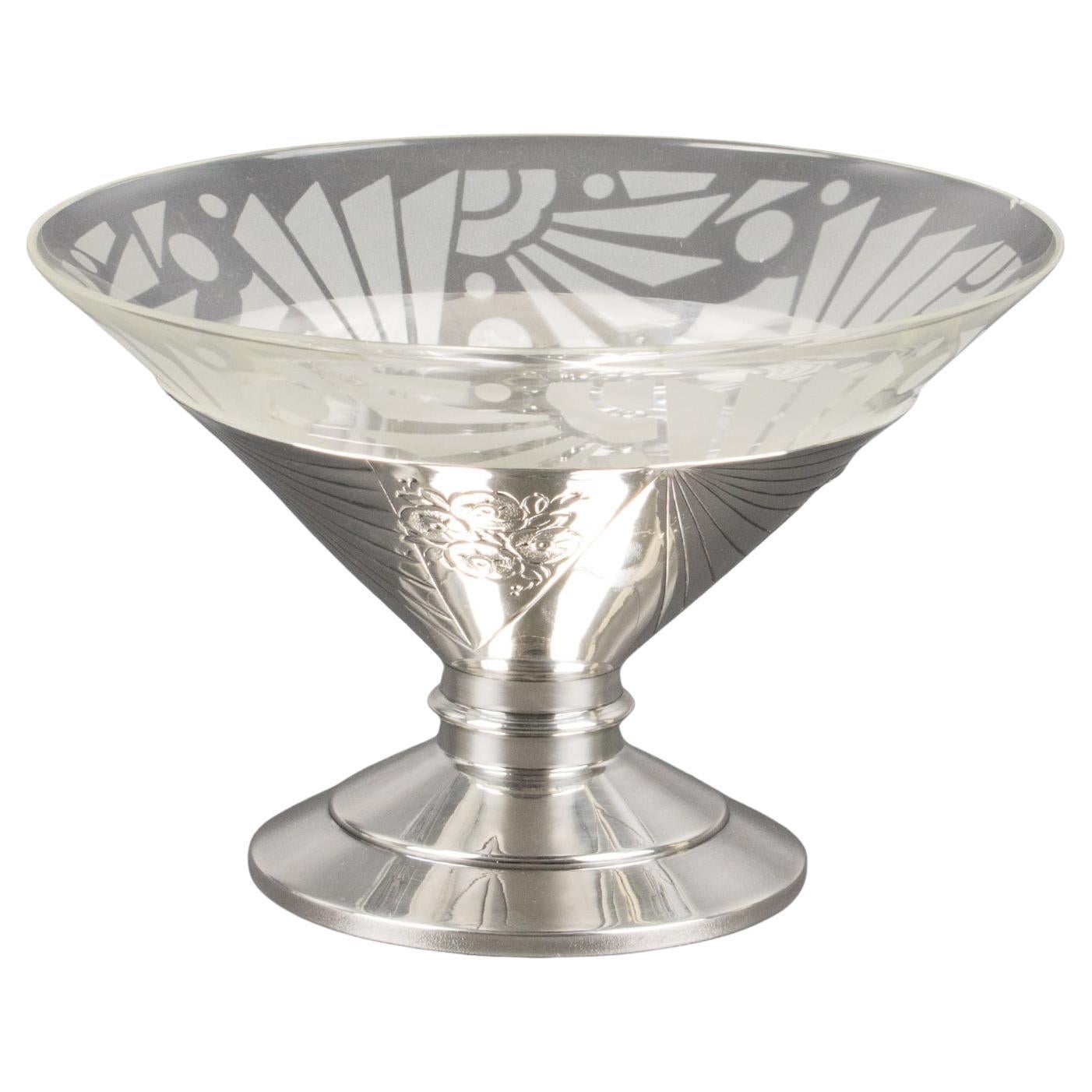 Art Deco Silver Plate and Etched Glass Centerpiece Bowl, 1930s