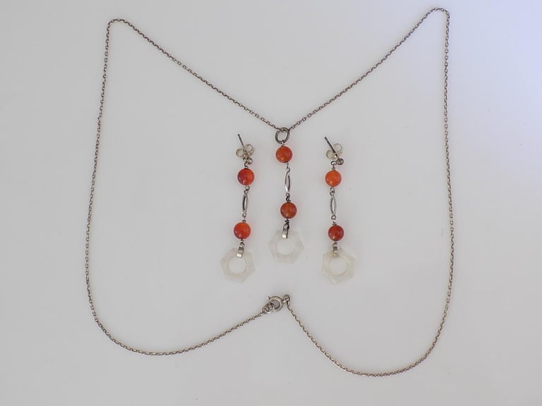 Art Deco 1930s Sterling Silver Rock Crystal Agate Earrings and Necklace ...