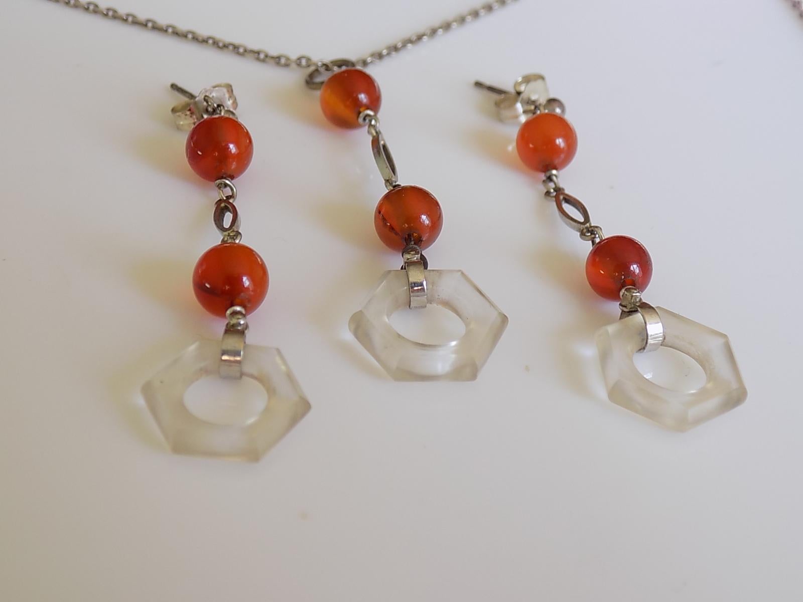 Bead Art Deco 1930s Sterling Silver Rock Crystal Agate Earrings and Necklace Set For Sale
