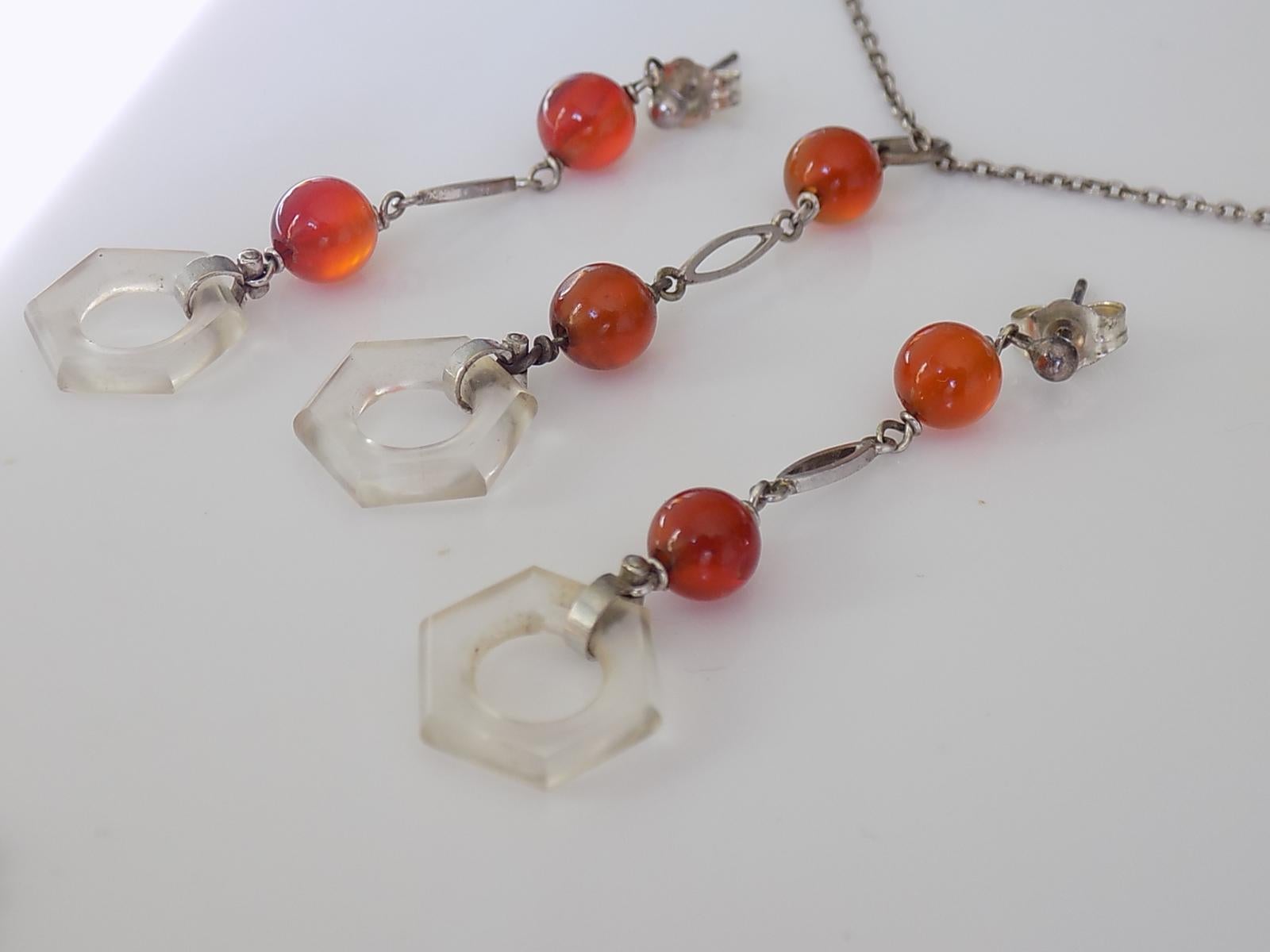 Art Deco 1930s Sterling Silver Rock Crystal Agate Earrings and Necklace Set In Good Condition For Sale In Boston, Lincolnshire