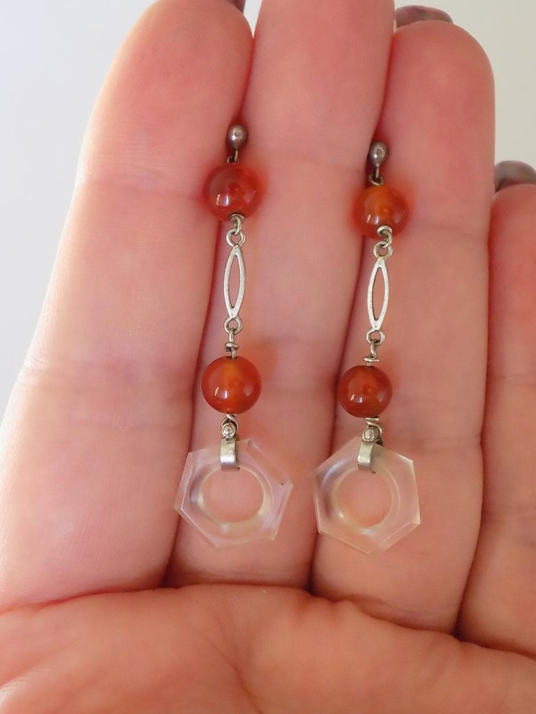 Art Deco 1930s Sterling Silver Rock Crystal Agate Earrings and Necklace ...