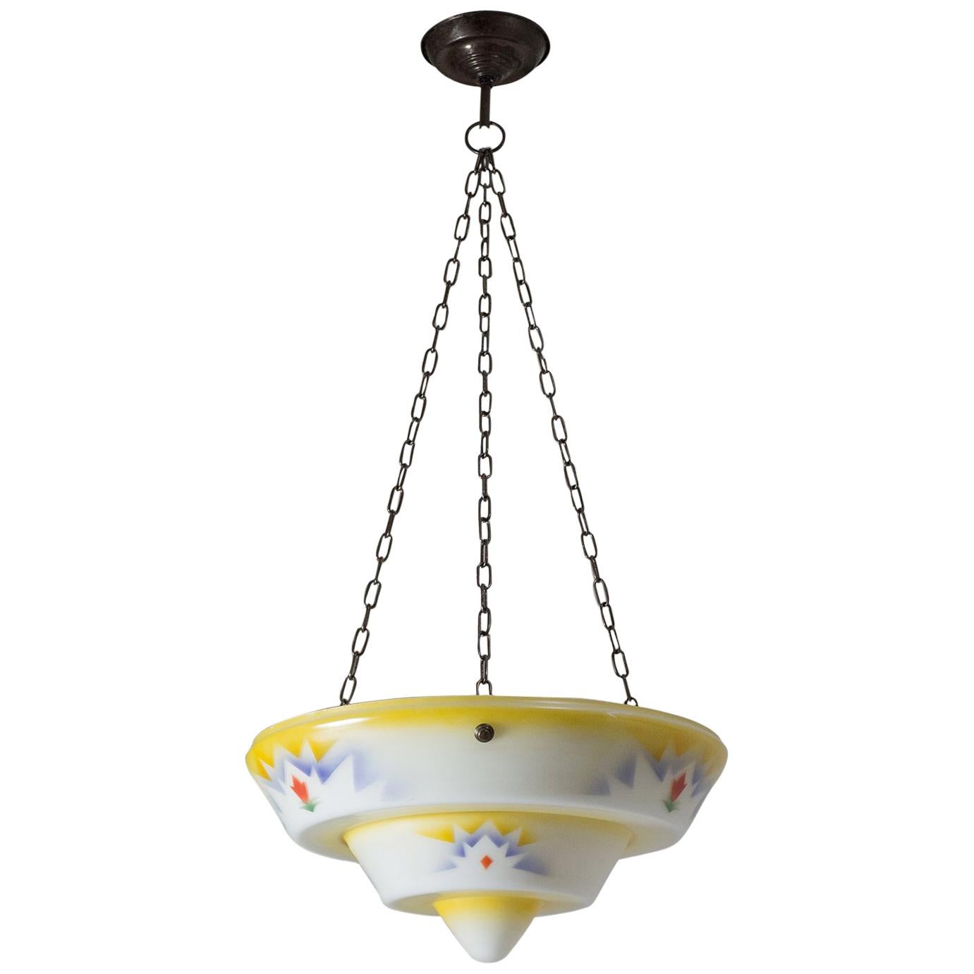 Lampe à suspension Art Déco des années 1930, verre émaillé et laiton en vente