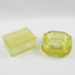 Art Deco 1930s Vaseline Bohemian Czech Glass Ashtray and Box