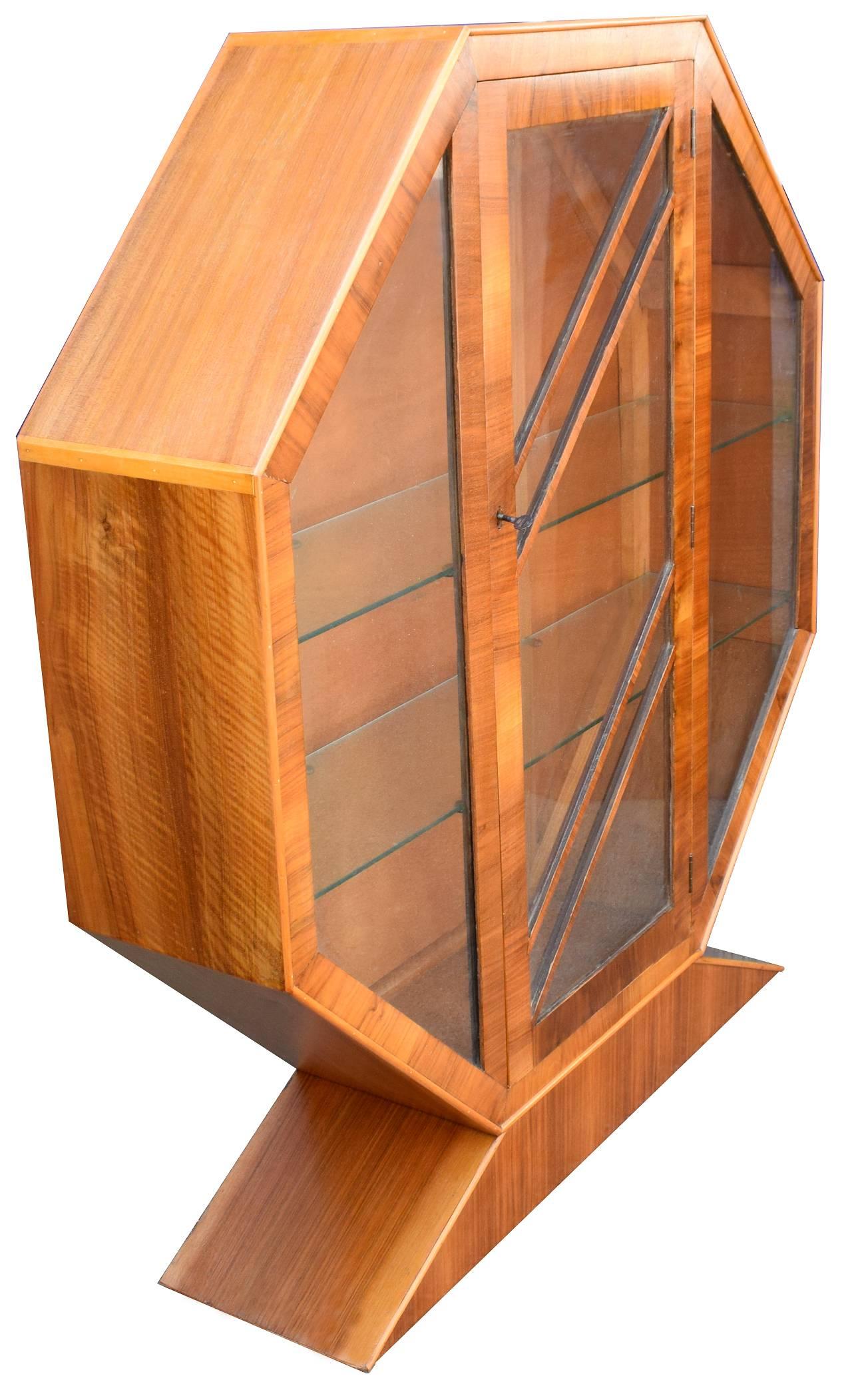 Glass Art Deco 1930s Walnut Hexagonal Display Cabinet or Vitrine