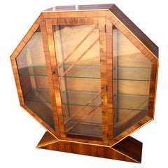 Art Deco 1930s Walnut Hexagonal Display Cabinet or Vitrine