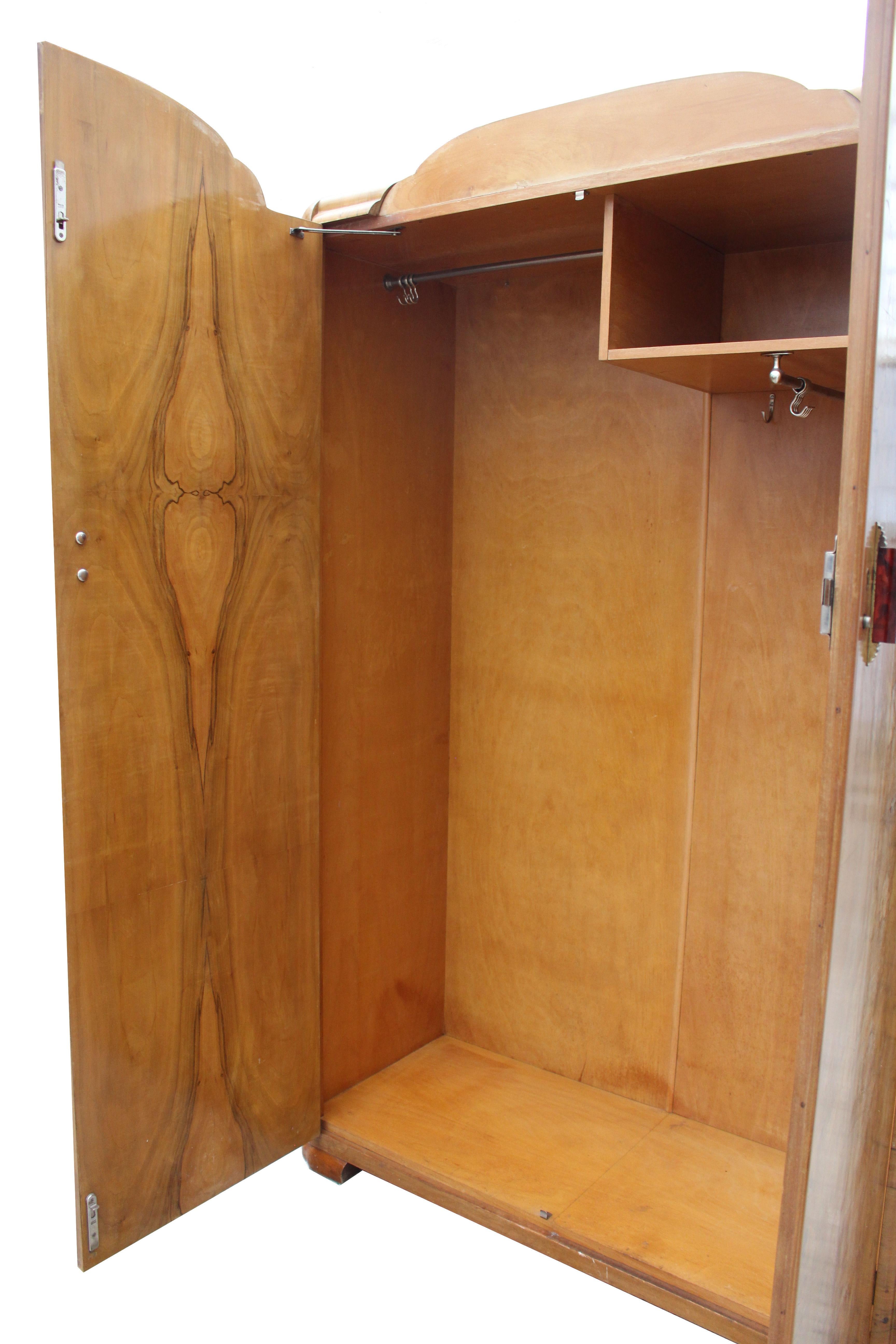 Art Deco 1930s Walnut Two-Door Wardrobe, English, circa 1930 In Good Condition In Devon, England