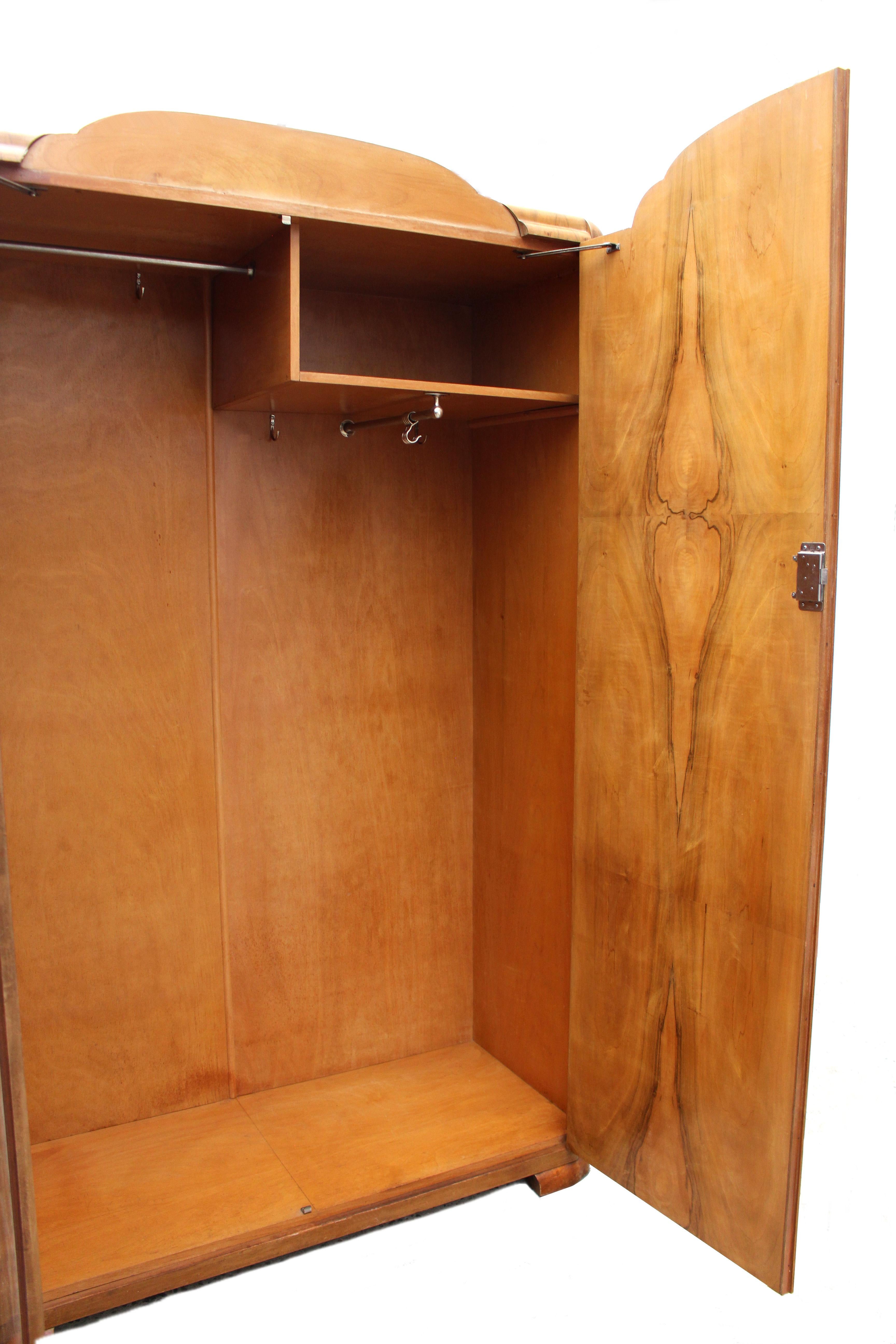 20th Century Art Deco 1930s Walnut Two-Door Wardrobe, English, circa 1930