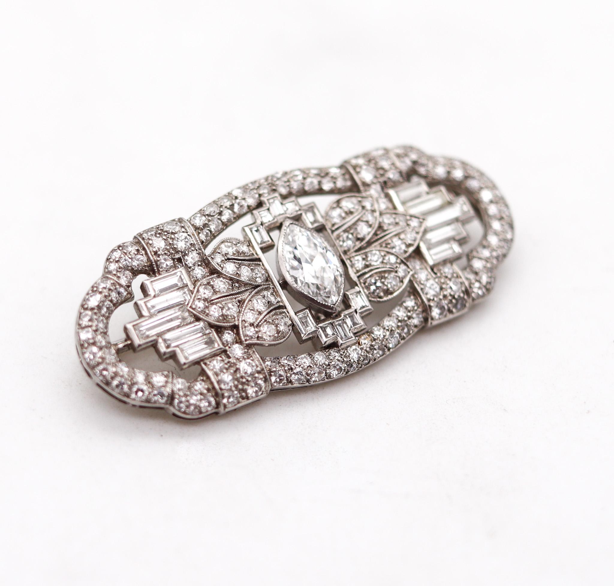 Marquise Cut Art Deco 1932 Convertible Pendant Brooch In Platinum With 3.97 Ctw In Diamonds For Sale