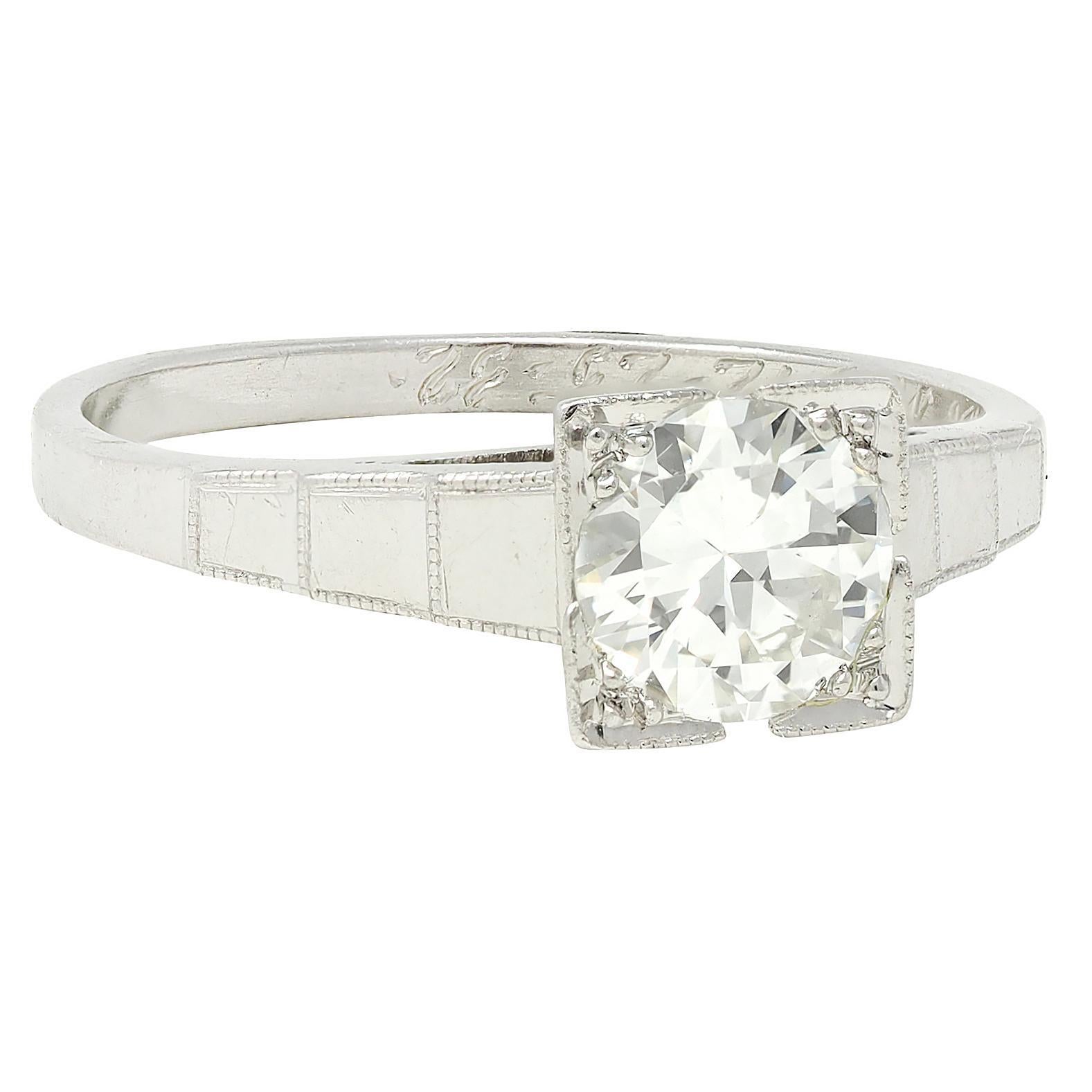 Round Cut Art Deco 1932 Transitional Diamond Platinum Vintage Stepped Engagement Ring For Sale