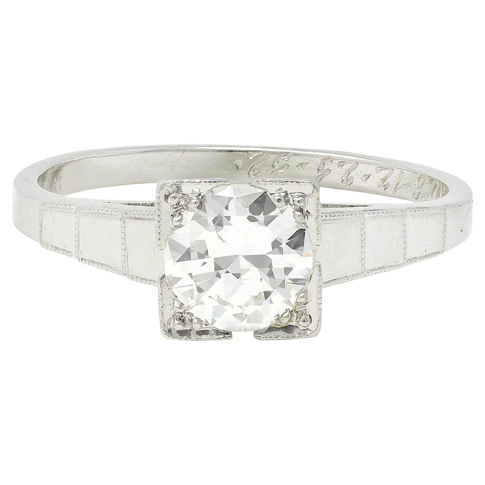 Art Deco 1932 Transitional Diamond Platinum Vintage Stepped Engagement Ring For Sale