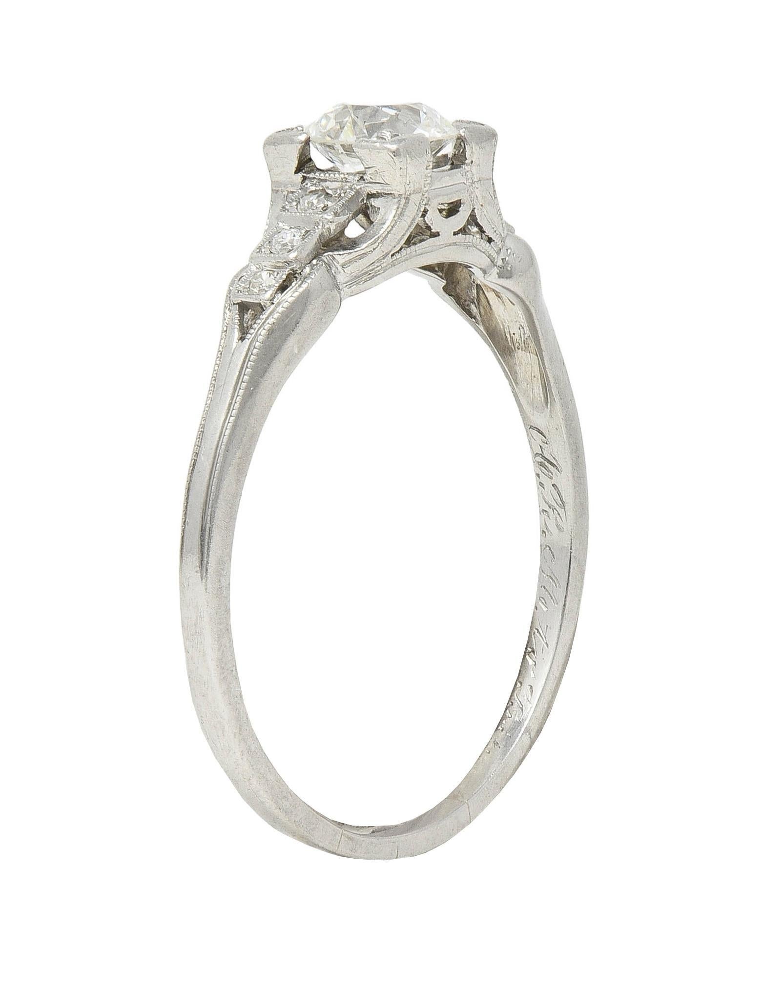 Art Deco 1933 0.68 CTW Diamond Platinum Vintage Stepped Engagement Ring For Sale 5