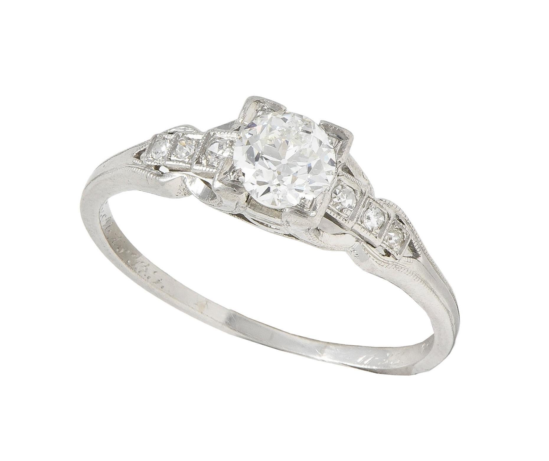Art Deco 1933 0.68 CTW Diamond Platinum Vintage Stepped Engagement Ring For Sale 7