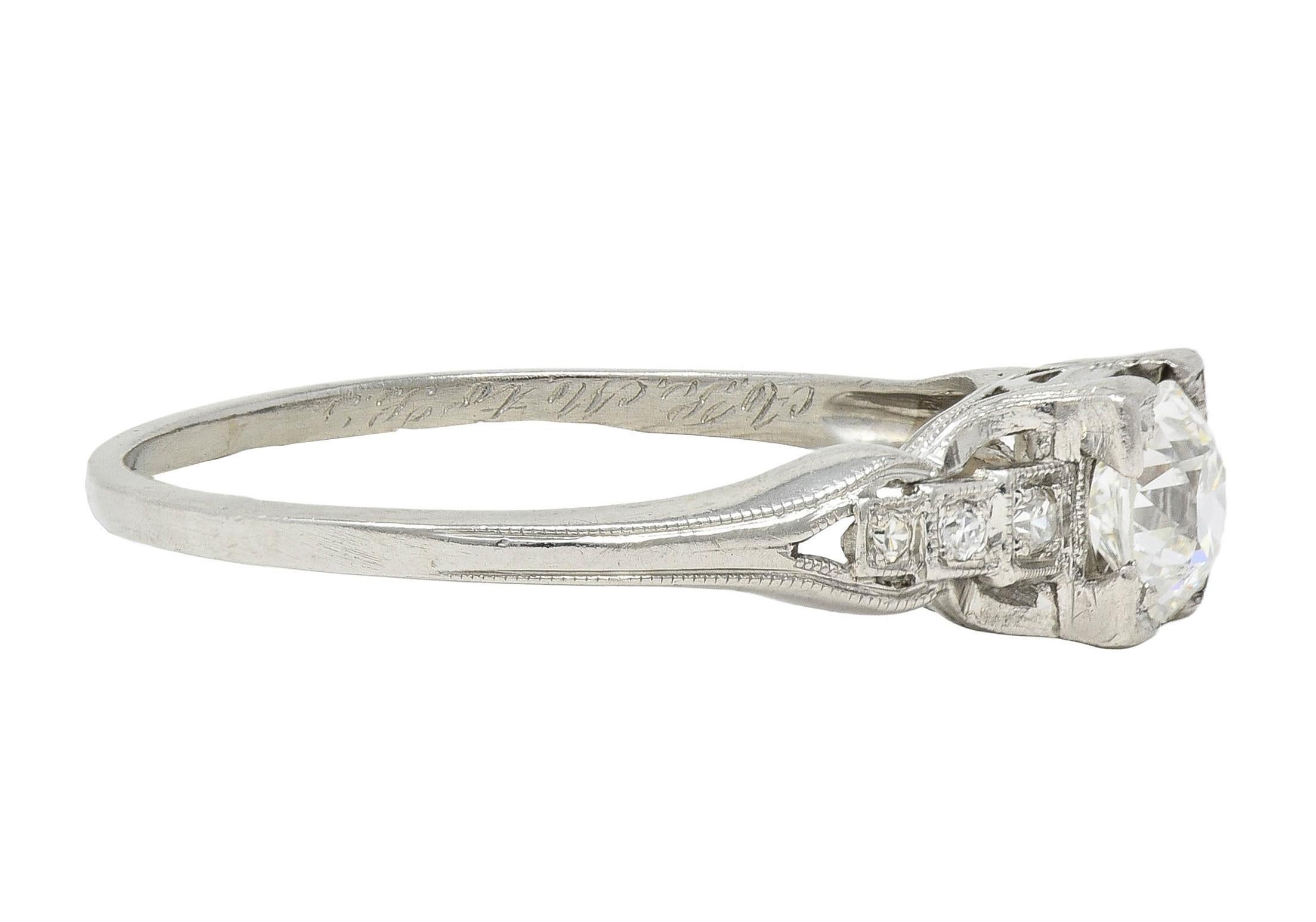 Art Deco 1933 0.68 CTW Diamond Platinum Vintage Stepped Engagement Ring In Excellent Condition For Sale In Philadelphia, PA
