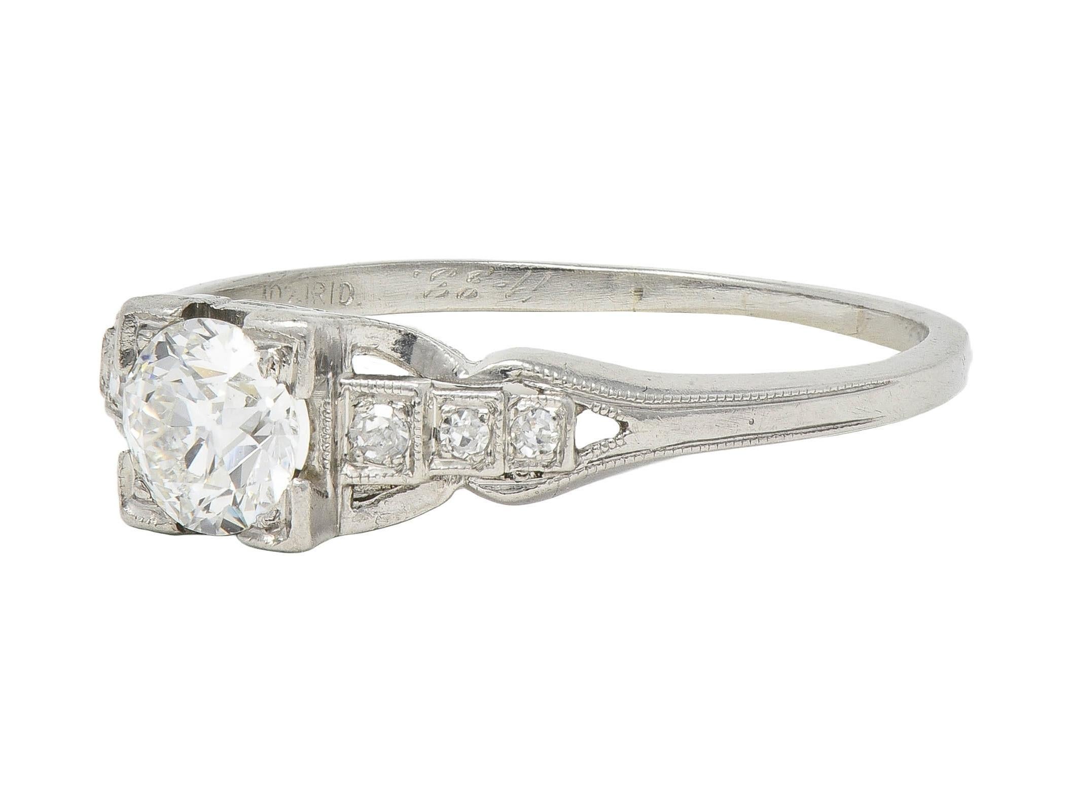 Art Deco 1933 0.68 CTW Diamond Platinum Vintage Stepped Engagement Ring For Sale 2