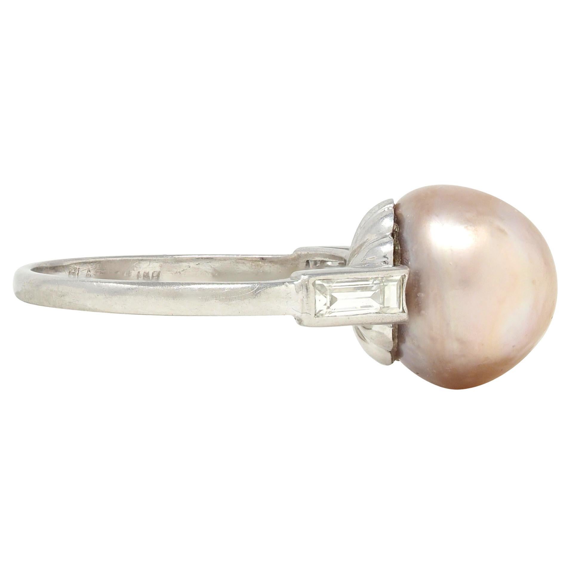 Round Cut Art Deco 1933 Natural Saltwater Pearl Diamond Platinum Vintage Cocktail Ring For Sale