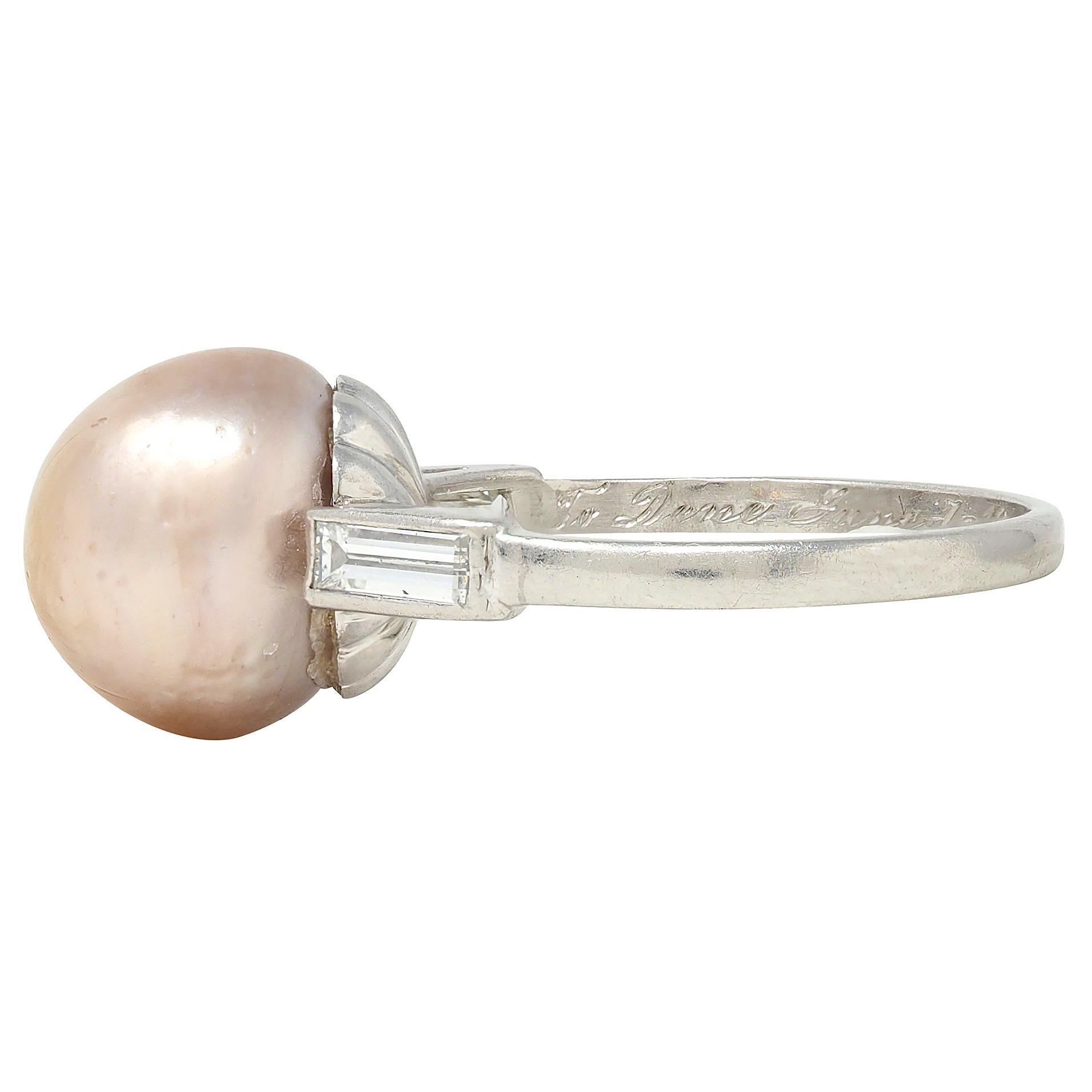 Women's or Men's Art Deco 1933 Natural Saltwater Pearl Diamond Platinum Vintage Cocktail Ring For Sale