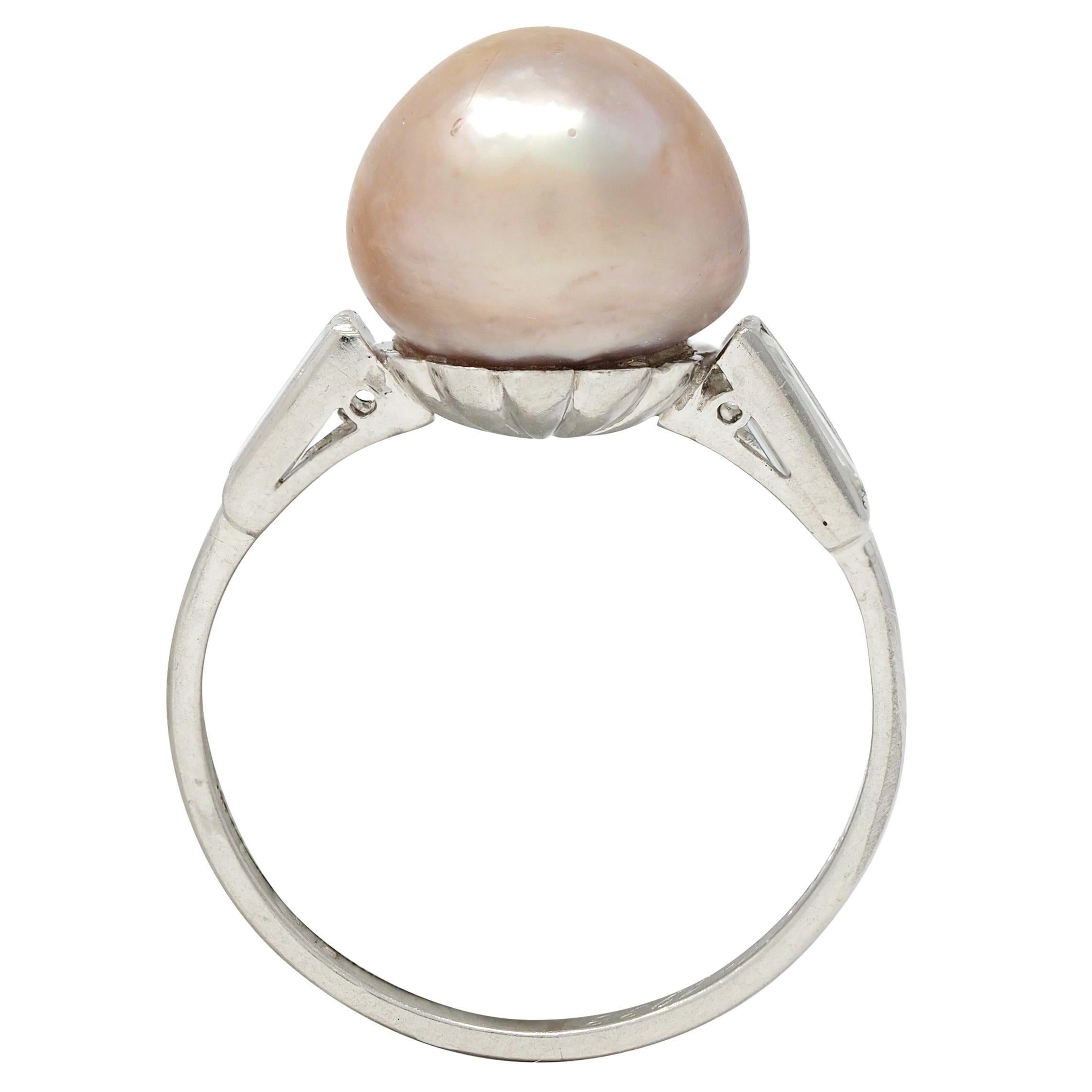 Art Deco 1933 Natural Saltwater Pearl Diamond Platinum Vintage Cocktail Ring For Sale 1