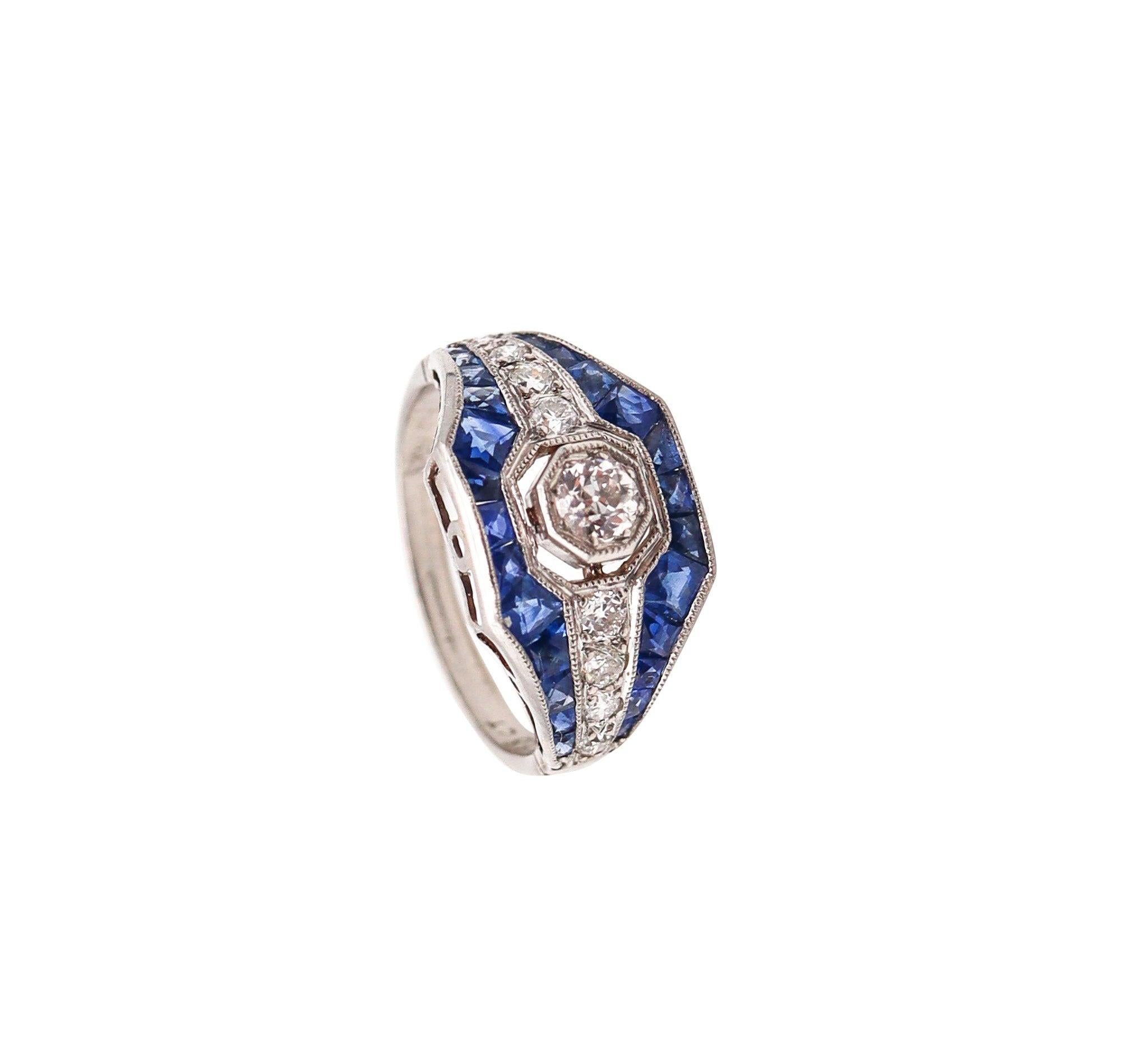 ART DECO 1935 Bandring aus Platin mit 1,58 Karat Diamanten und blauen Saphiren im Angebot 2