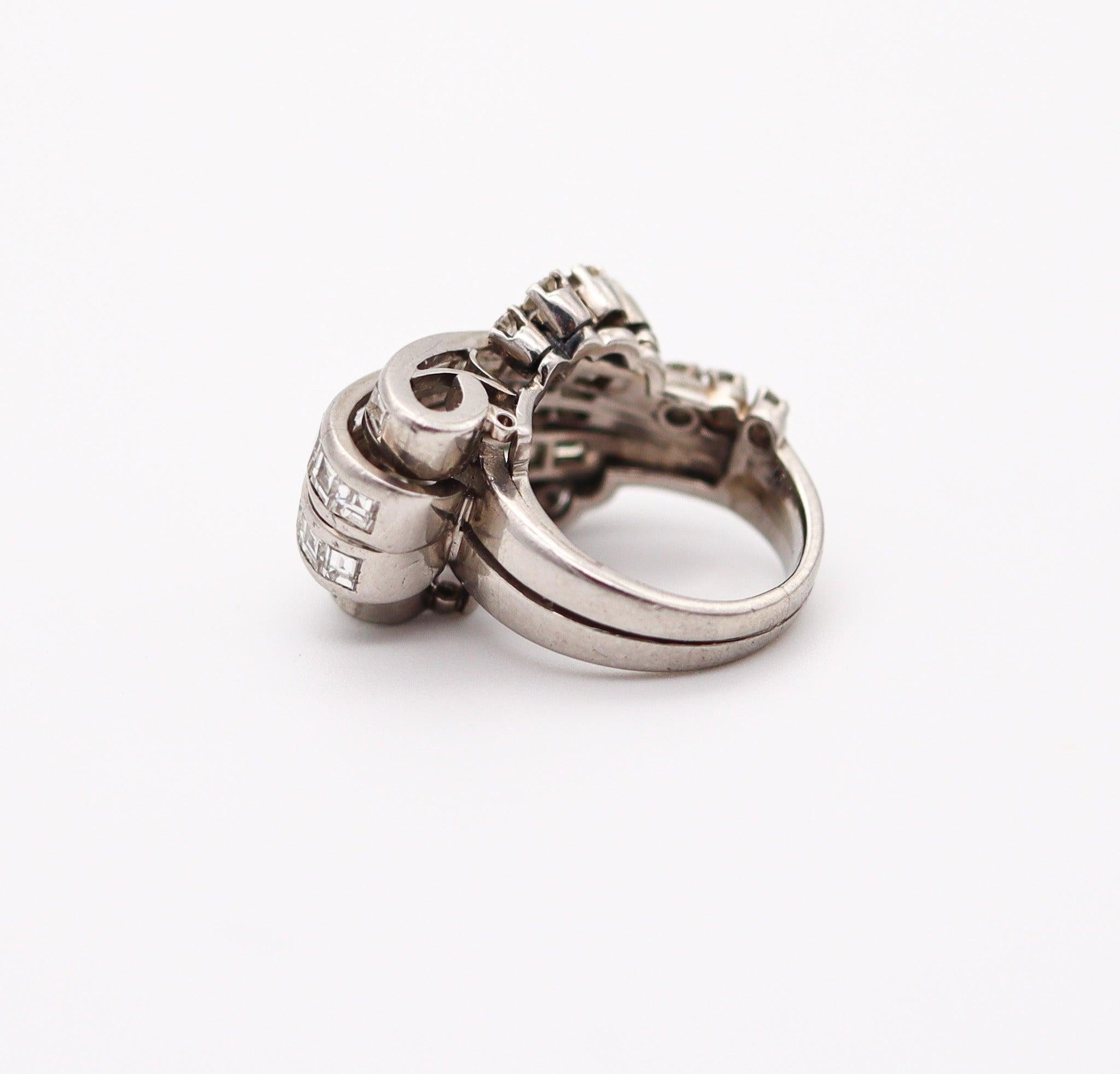 ART DECO 1935 Cocktailring aus massivem Platin mit 3,24 Karat Diamanten im gemischten Schliff 3