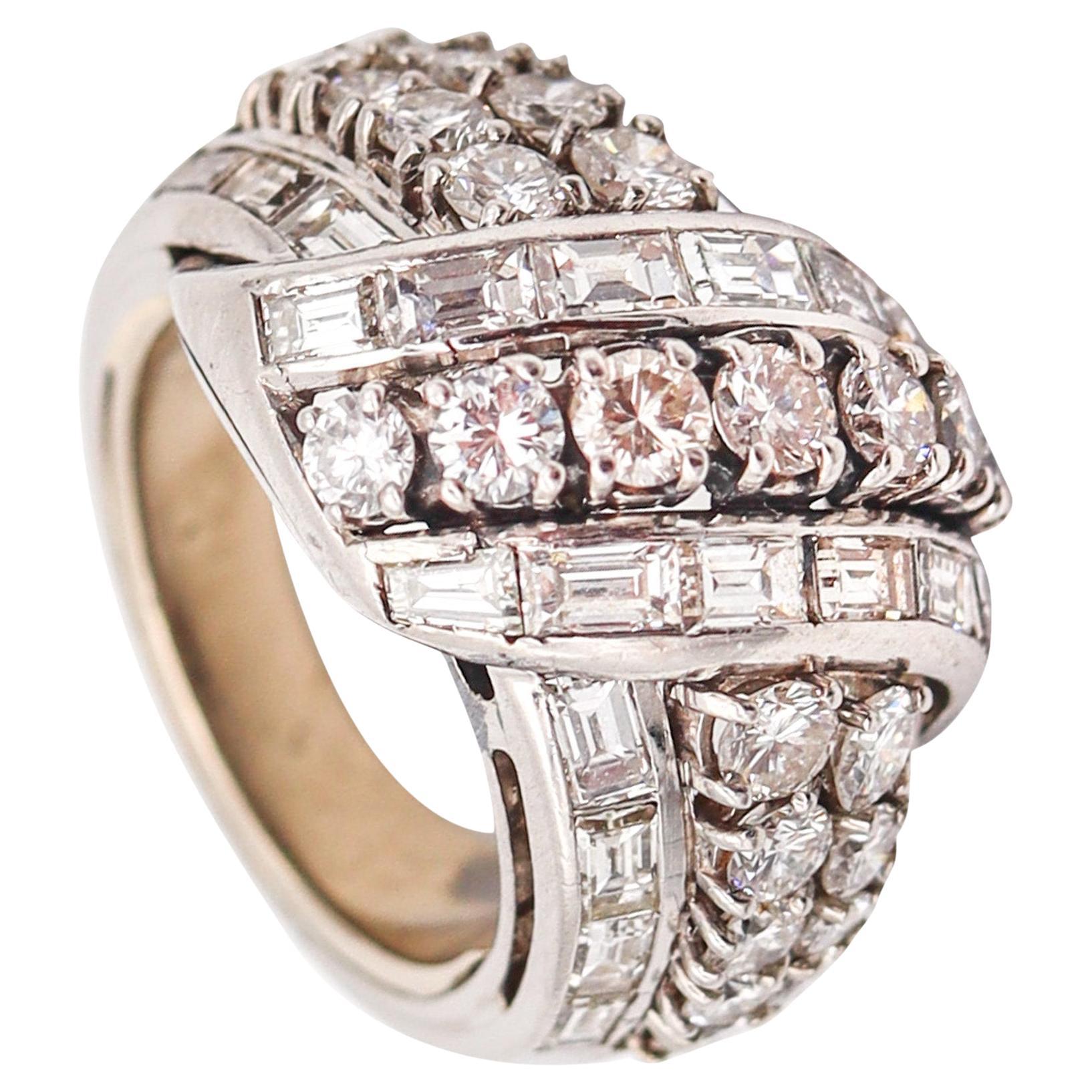 ART DECO 1935 Cocktailring aus massivem Platin mit 4,11 Karat Diamanten im gemischten Schliff
