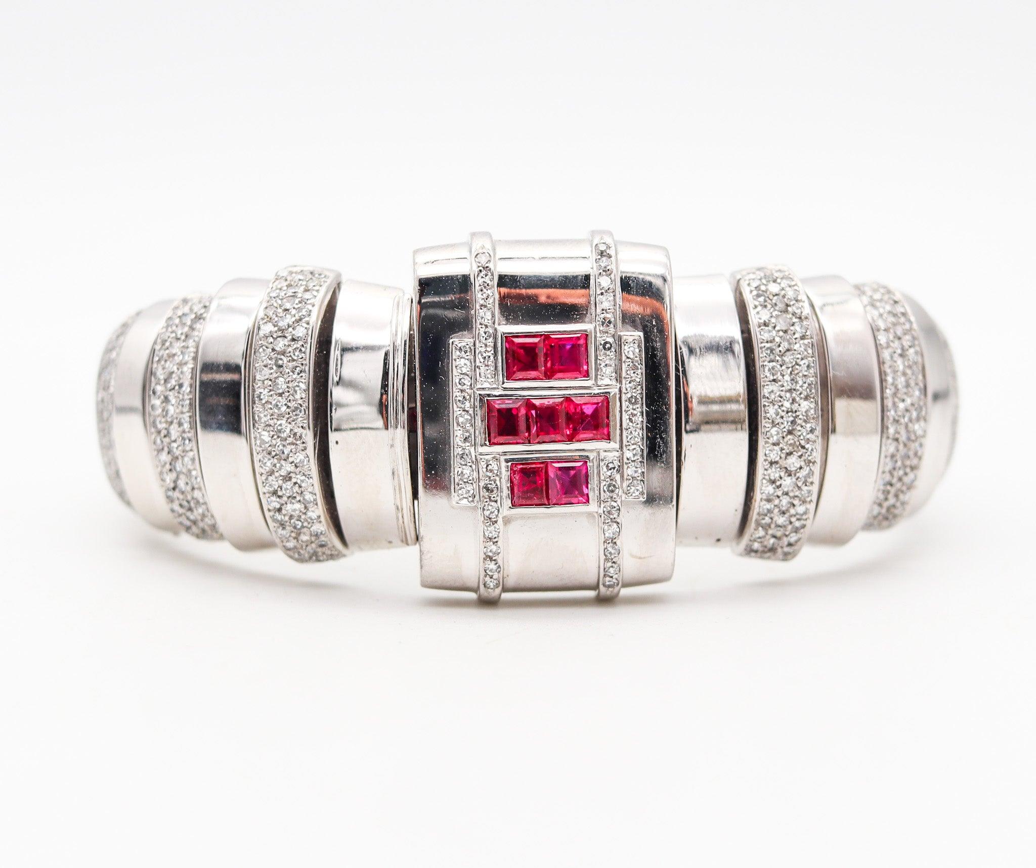 Art Deco ART DECO 1935 Geometric Bracelet In 18Kt Gold With 7.69 Ctw in Rubies & Diamonds For Sale