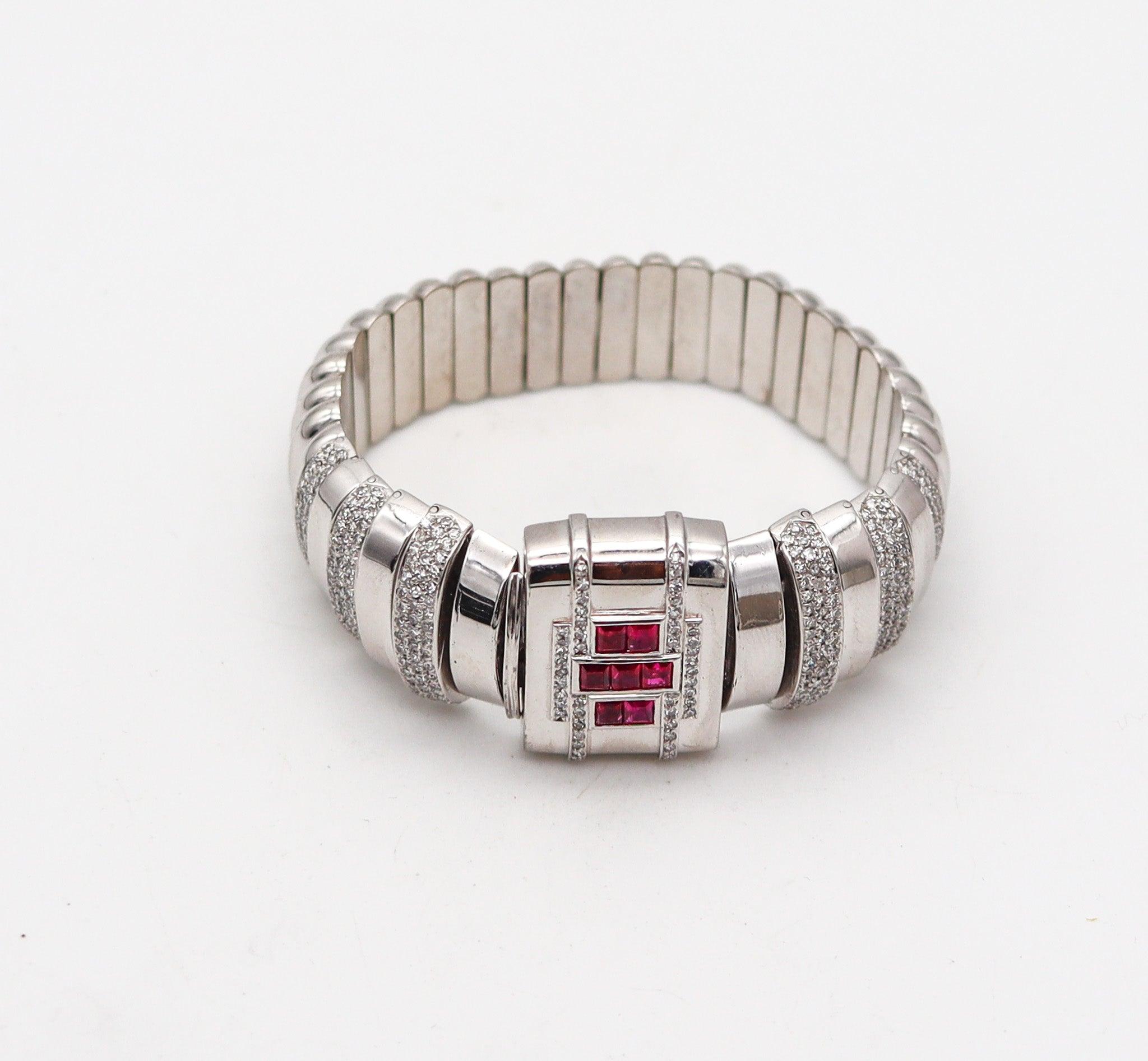 Old European Cut ART DECO 1935 Geometric Bracelet In 18Kt Gold With 7.69 Ctw in Rubies & Diamonds For Sale