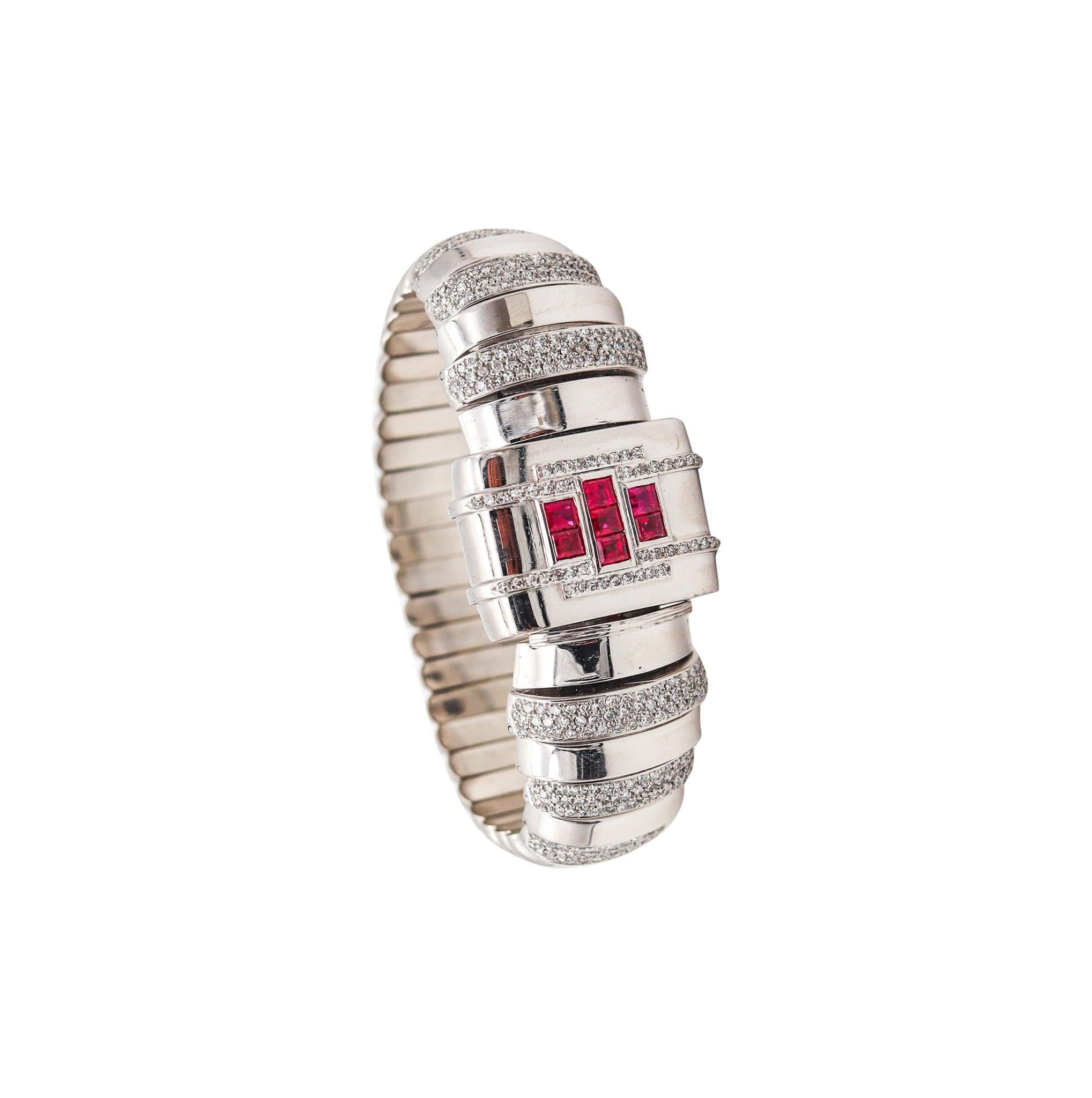 ART DECO 1935 Geometric Bracelet In 18Kt Gold With 7.69 Ctw in Rubies & Diamonds For Sale 2