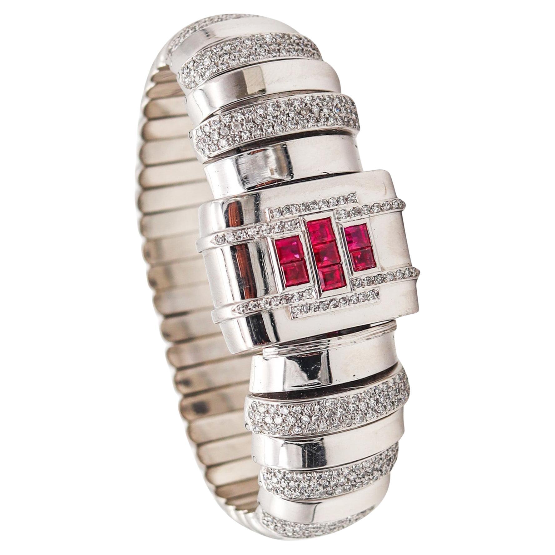 ART DECO 1935 Geometrisches Armband aus 18 Karat Gold mit 7,69 Gesamtkaratgewicht in Rubinen und Diamanten