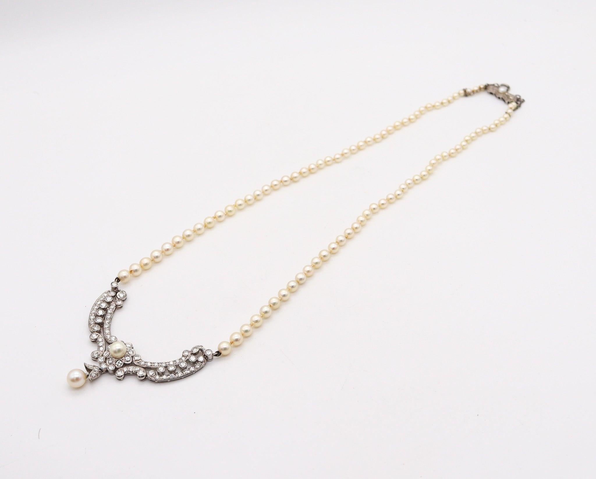 Art Deco ART DECO 1935 Graduated Pearls Necklace In Platinum With 3.85 Ctw In Diamonds For Sale