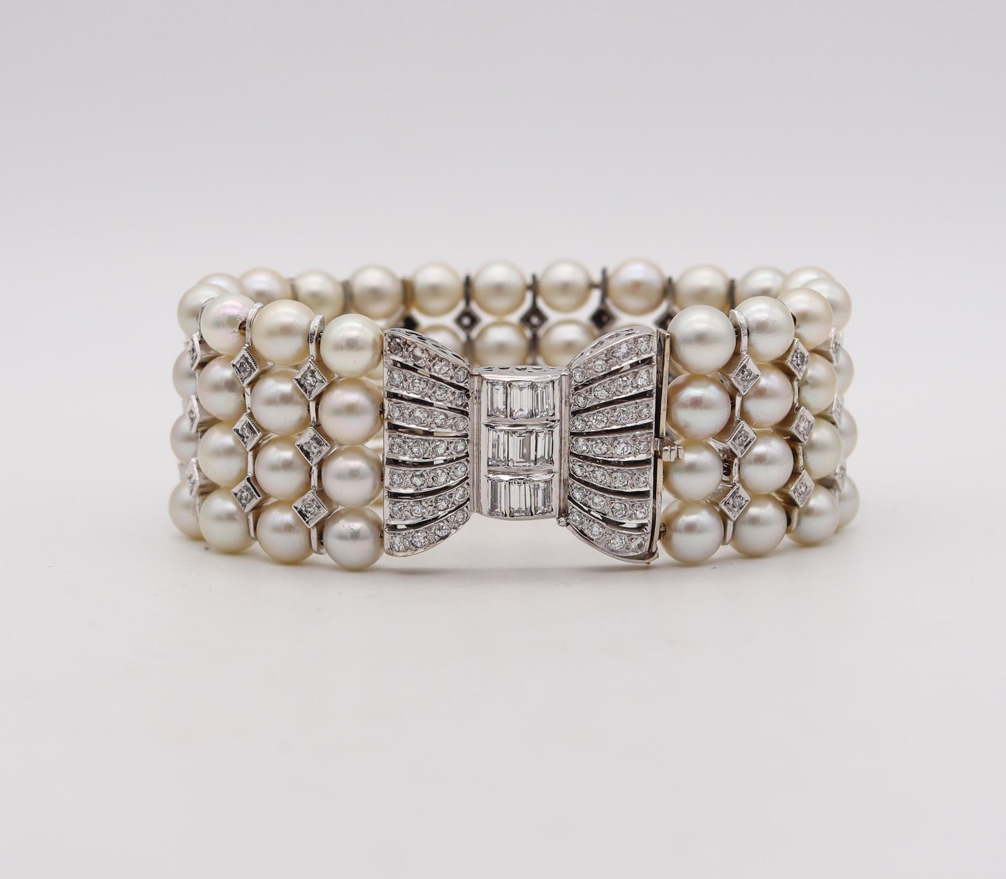 Art deco bracelet with pearls.

Gorgeous bracelet, created in America at the climax of the art deco period, back in the 1930's. It was carefully crafted with impeccable details with diamonds stations in solid platinum and embellished with one