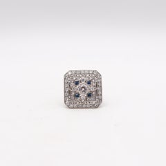Art Deco 1935 Square Ring In Platinum With 1.89 Ctw In Diamonds And Sapphires
