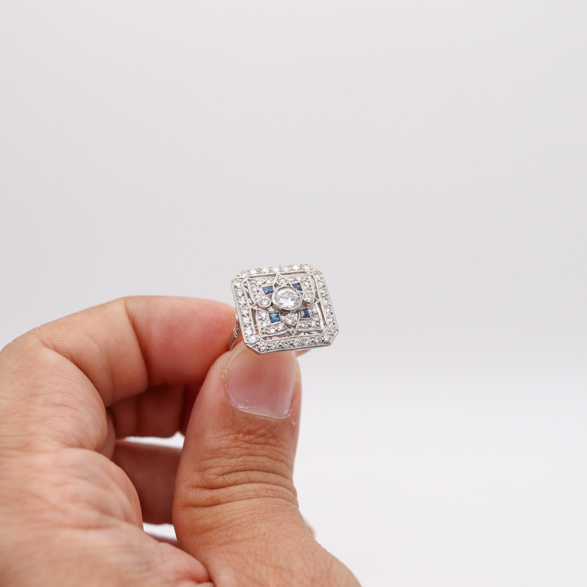 Women's Art Deco 1935 Square Ring In Platinum With 1.89 Ctw In Diamonds And Sapphires For Sale