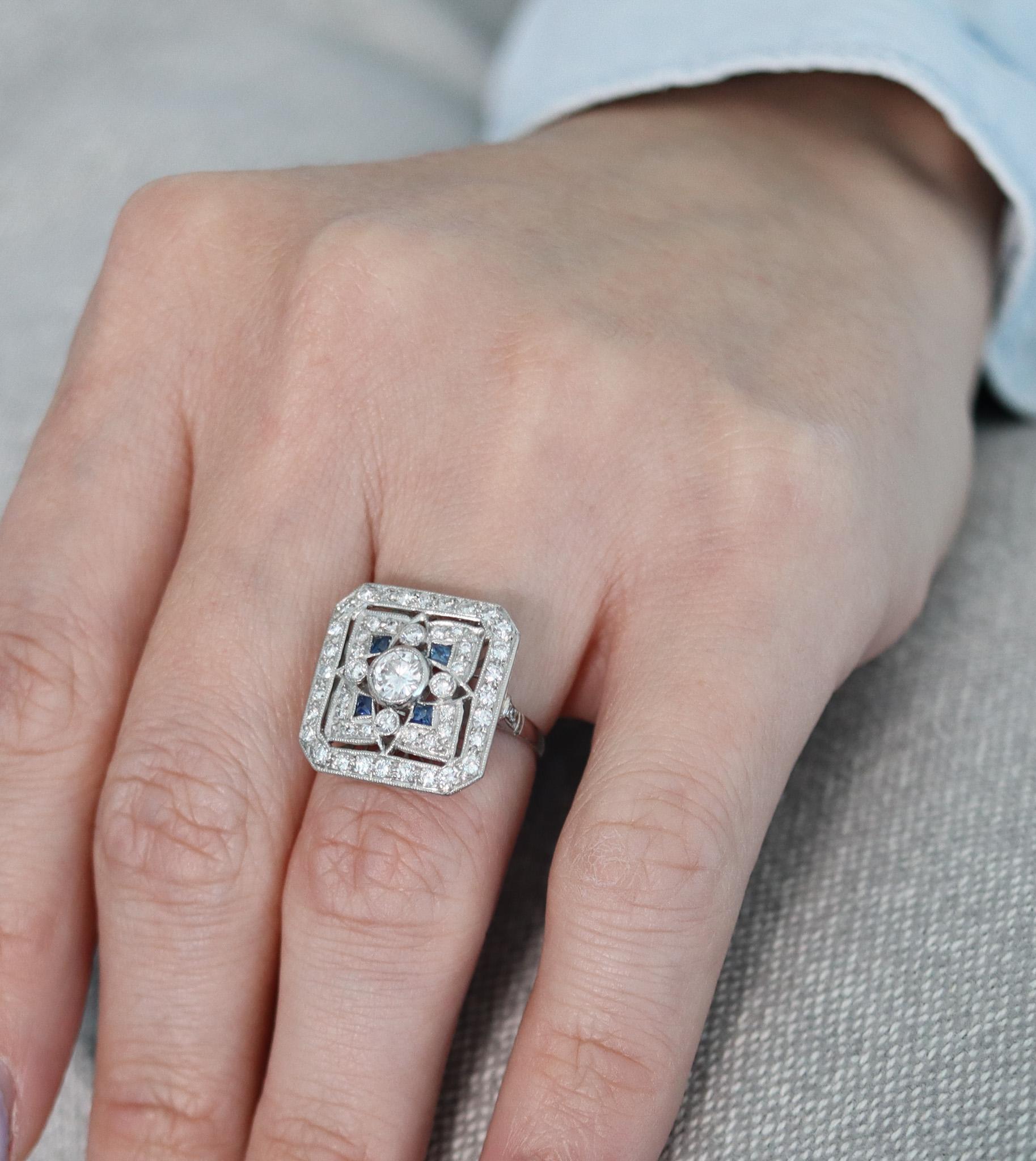 Art Deco 1935 Square Ring In Platinum With 1.89 Ctw In Diamonds And Sapphires For Sale 1