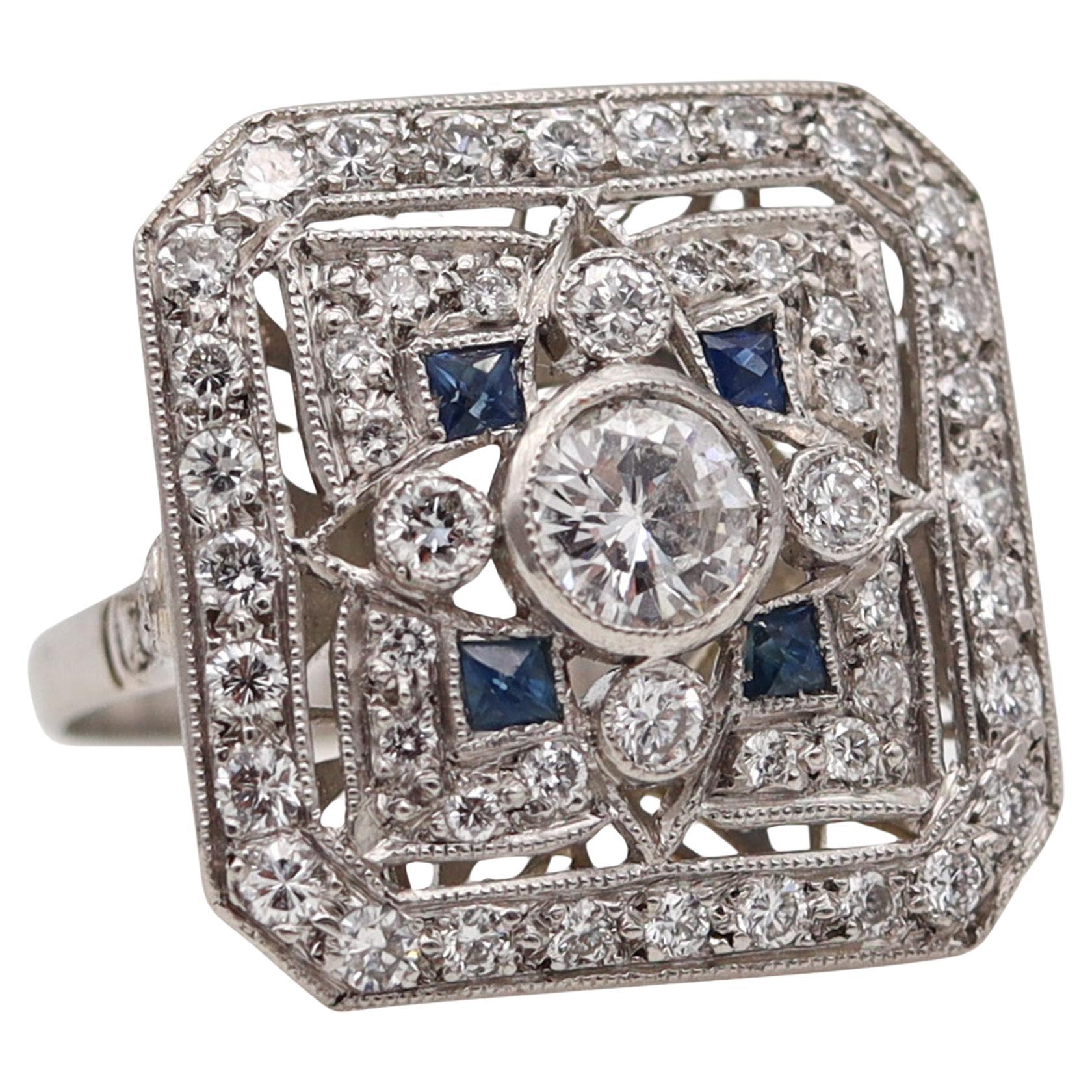 Art Deco 1935 Square Ring In Platinum With 1.89 Ctw In Diamonds And Sapphires For Sale