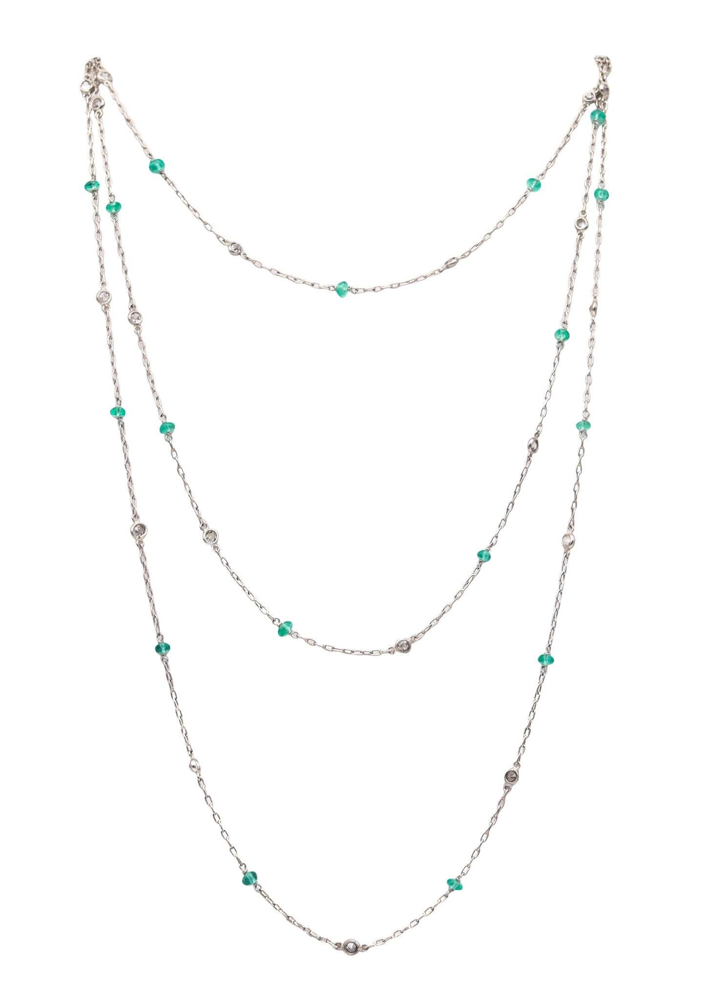 ART DECO 1935 Stations Necklace Sautoir In Platinum European Diamonds 
Emeralds